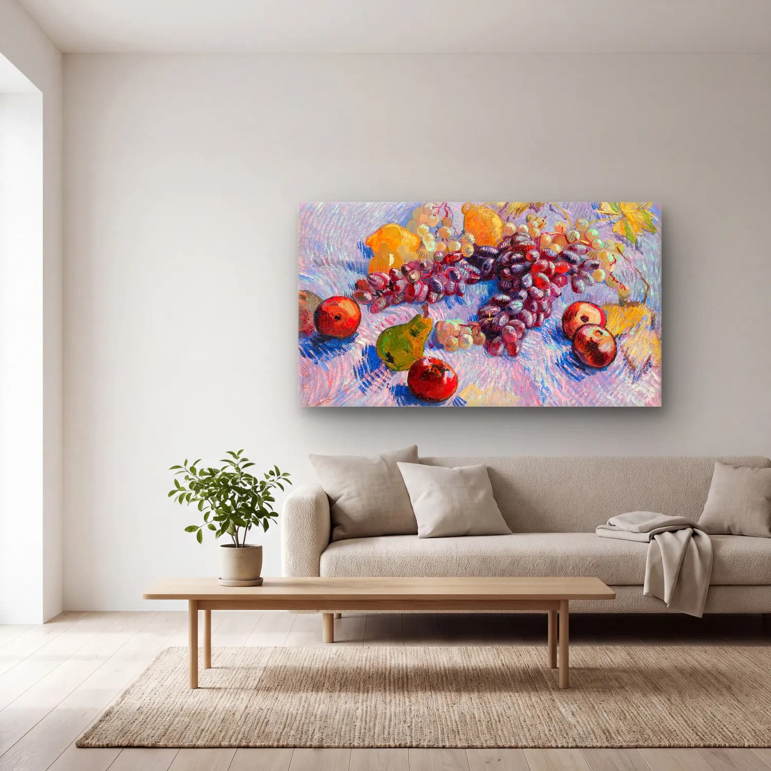 Vincent van Gogh – Grapes, Lemons, Pears, and Apples cam tablo — açık renk salonda