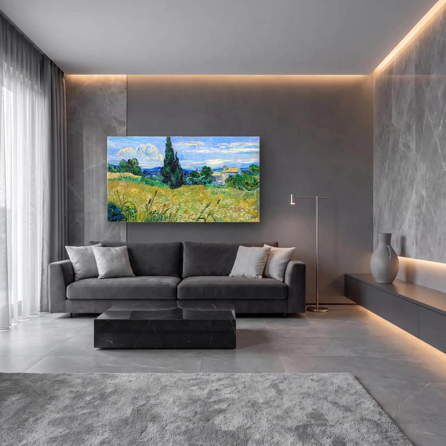 Vincent van Gogh – Green Wheat Field with Cypress – Yeşil Tonlar cam tablo — lüks salon duvarında