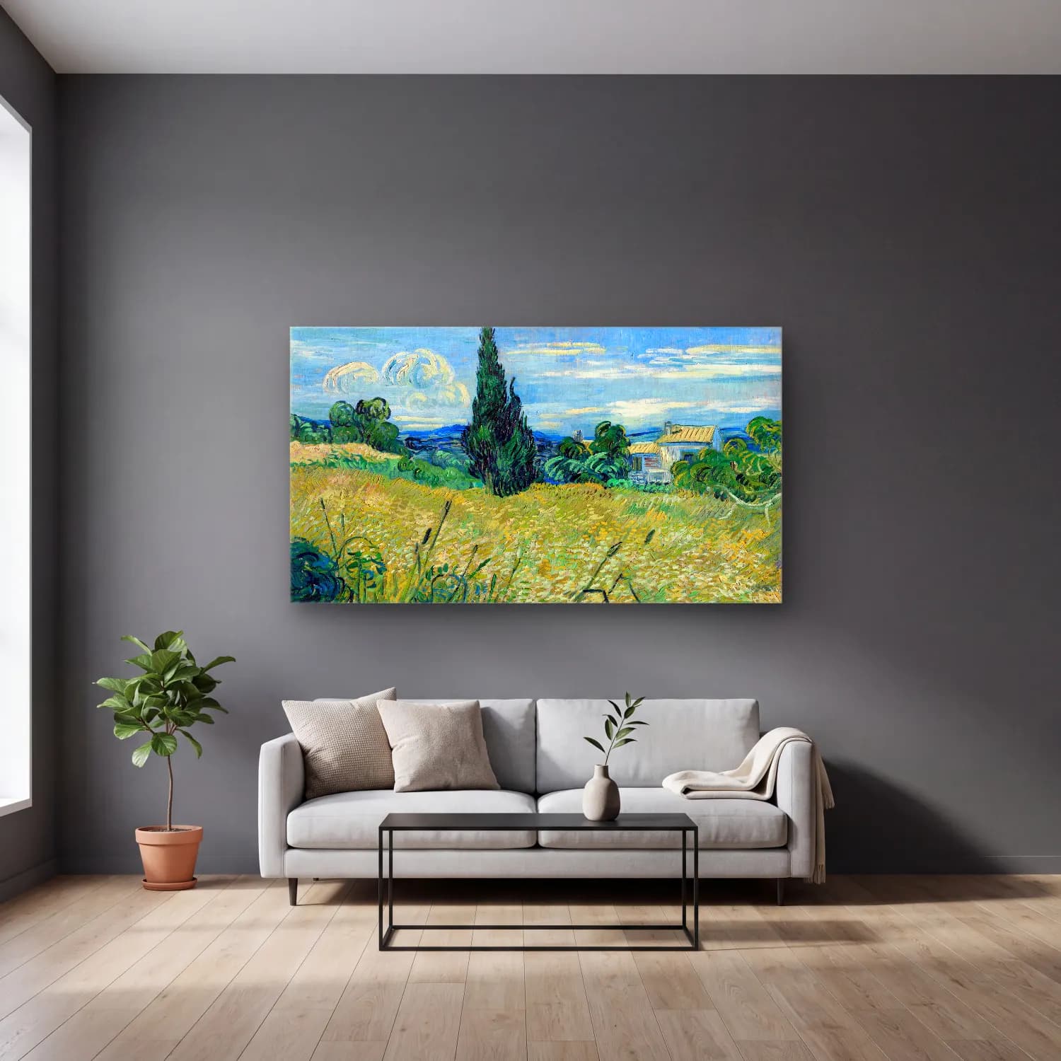 Vincent van Gogh – Green Wheat Field with Cypress – Yeşil Tonlar cam tablo — gri duvarlı salonda