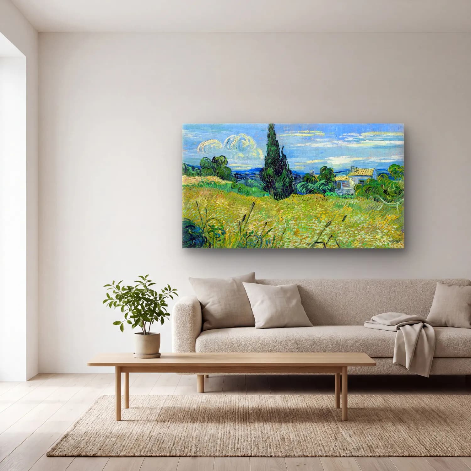 Vincent van Gogh – Green Wheat Field with Cypress – Yeşil Tonlar cam tablo — açık renk salonda