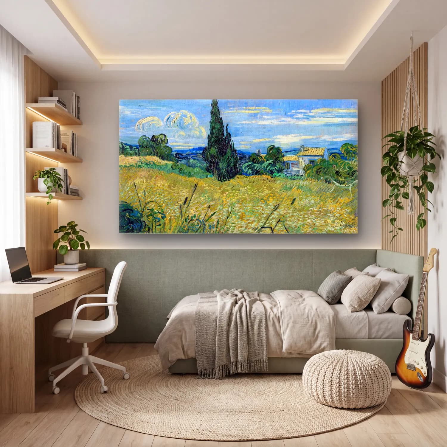 Vincent van Gogh – Green Wheat Field with Cypress – Yeşil Tonlar cam tablo — genç odasında