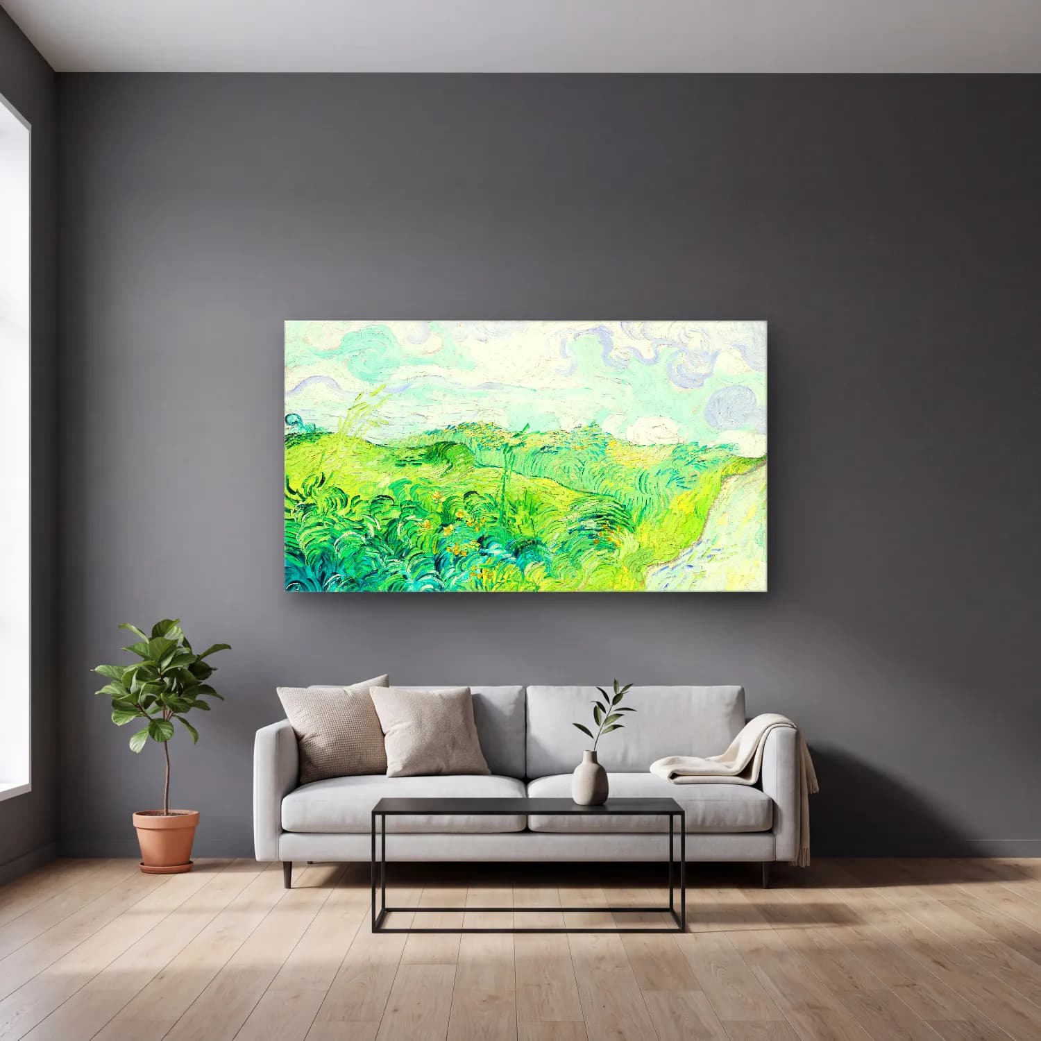 Vincent van Gogh – Green Wheat Fields, Auvers cam tablo — gri duvarlı salonda