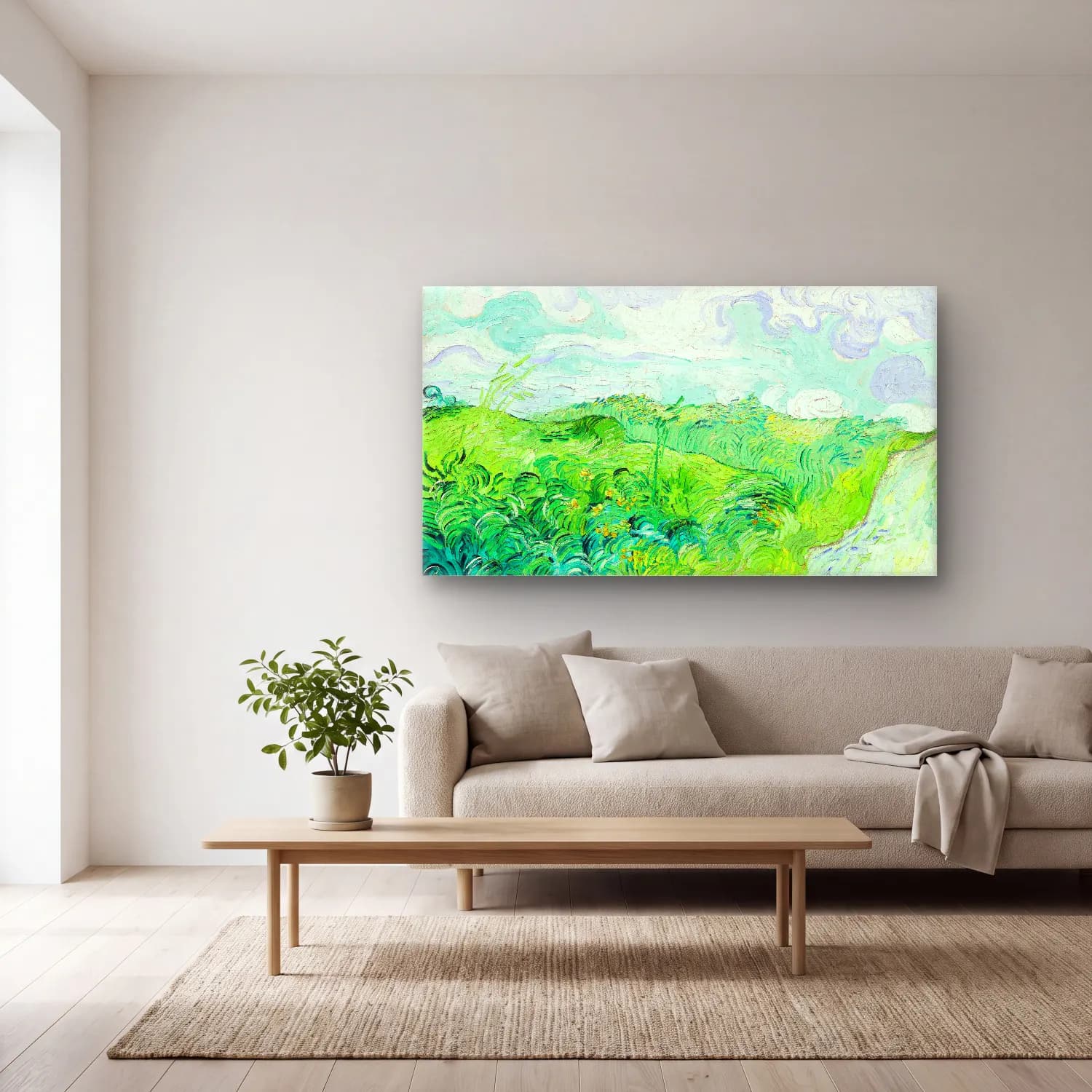 Vincent van Gogh – Green Wheat Fields, Auvers cam tablo — açık renk salonda