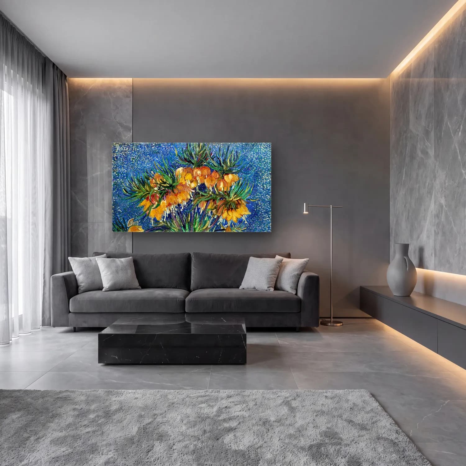 Vincent van Gogh – Imperial Fritillaries cam tablo — lüks salon duvarında