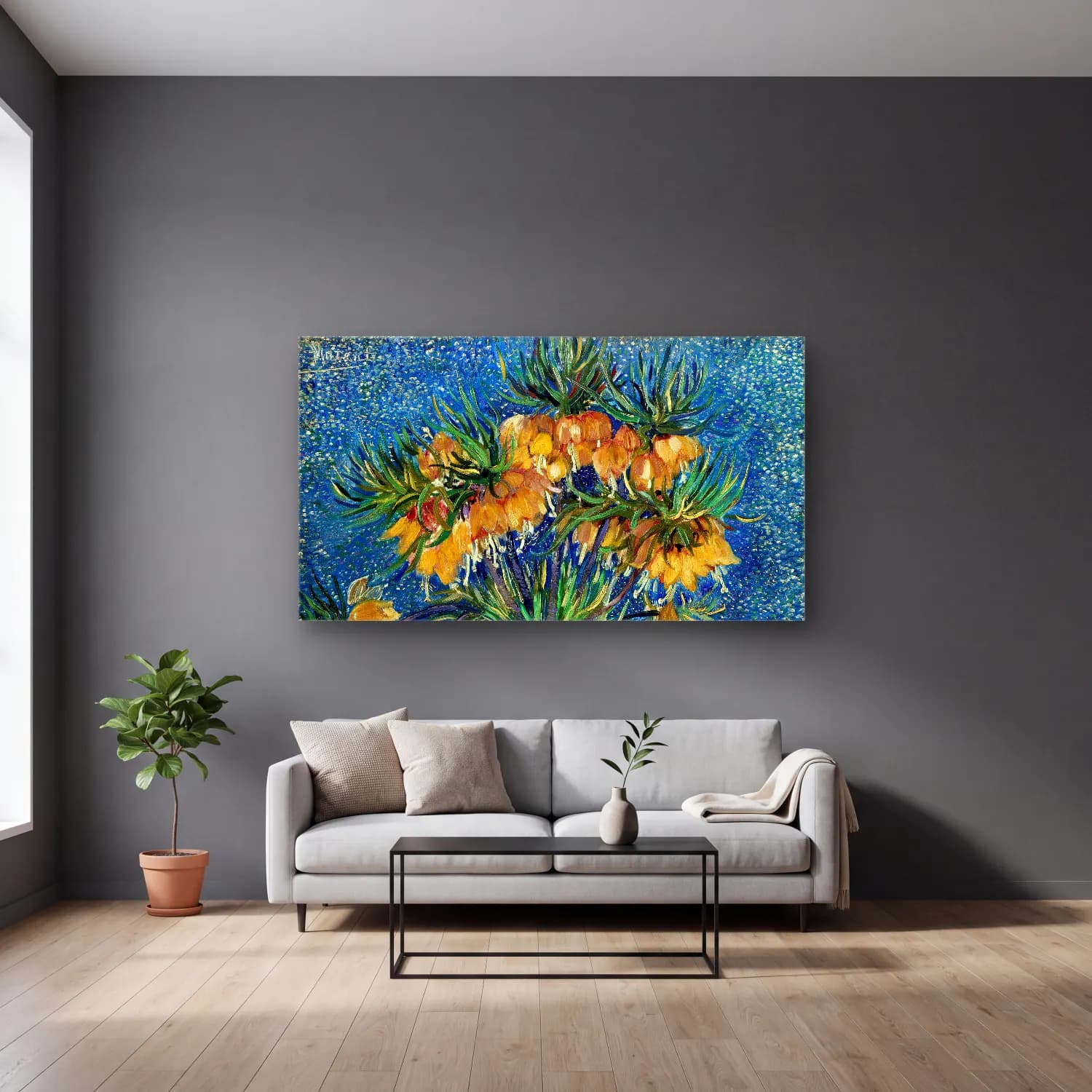 Vincent van Gogh – Imperial Fritillaries cam tablo — gri duvarlı salonda