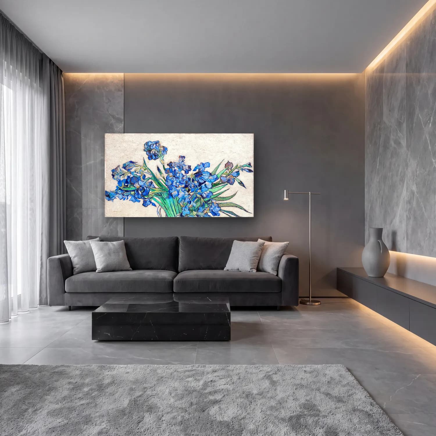 Vincent van Gogh – Irises No. 4 cam tablo — lüks salon duvarında