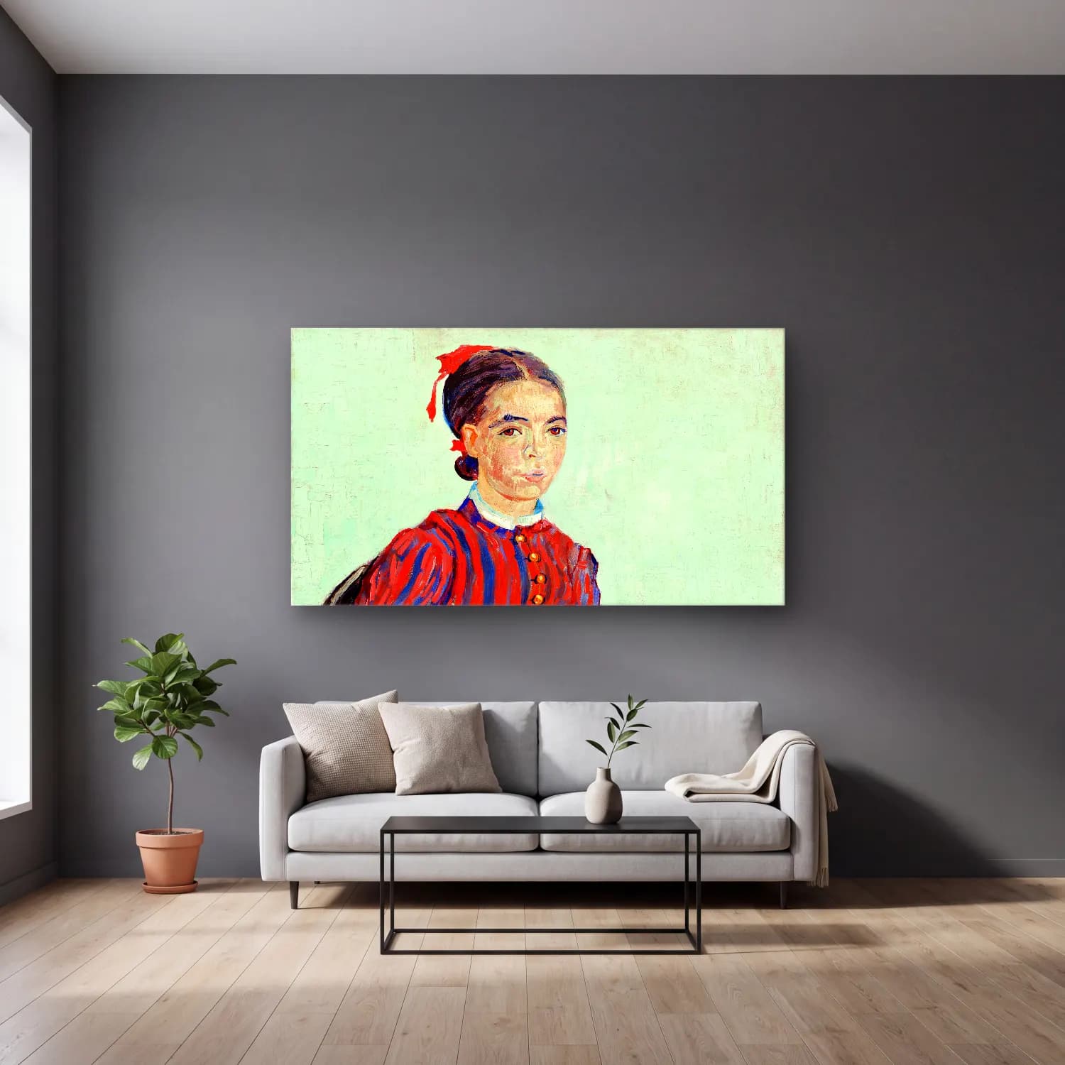 Vincent van Gogh – La Mousmé – Kırmızı Tonlar cam tablo — gri duvarlı salonda
