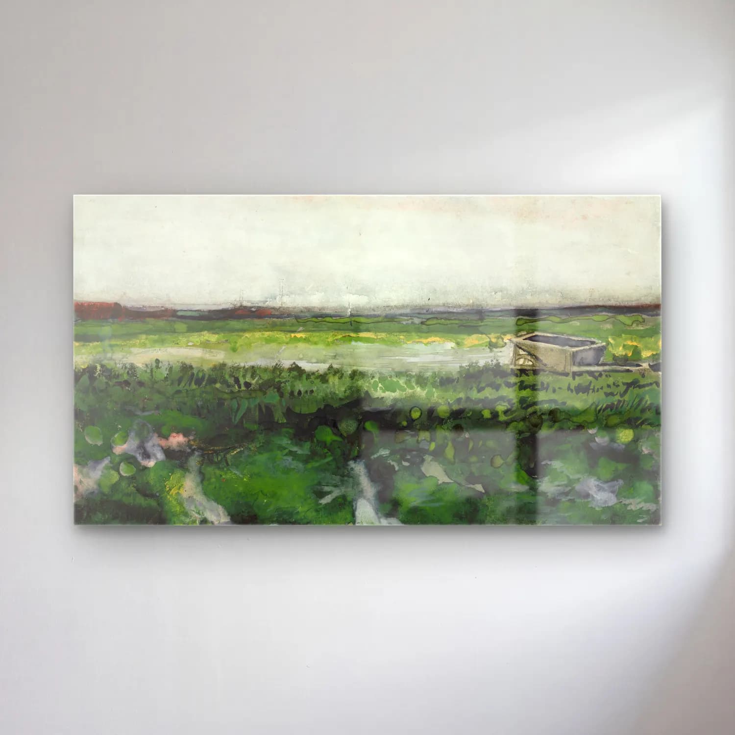 Vincent van Gogh – Landscape with Wheelbarrow – Yeşil Tonlar cam tablo — Vincent van Gogh – Landscape with Wheelbarrow – Yeşil Tonlar — suluboya kırda nehir