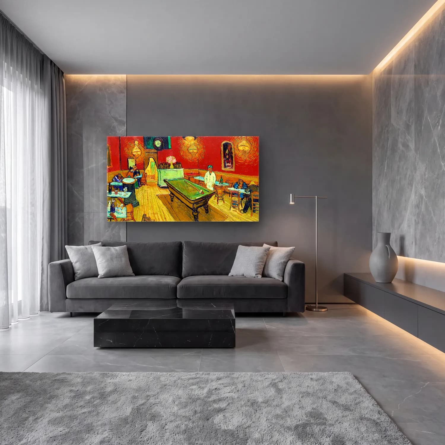 Vincent van Gogh – Le café de nuit (The Night Café) cam tablo — lüks salon duvarında