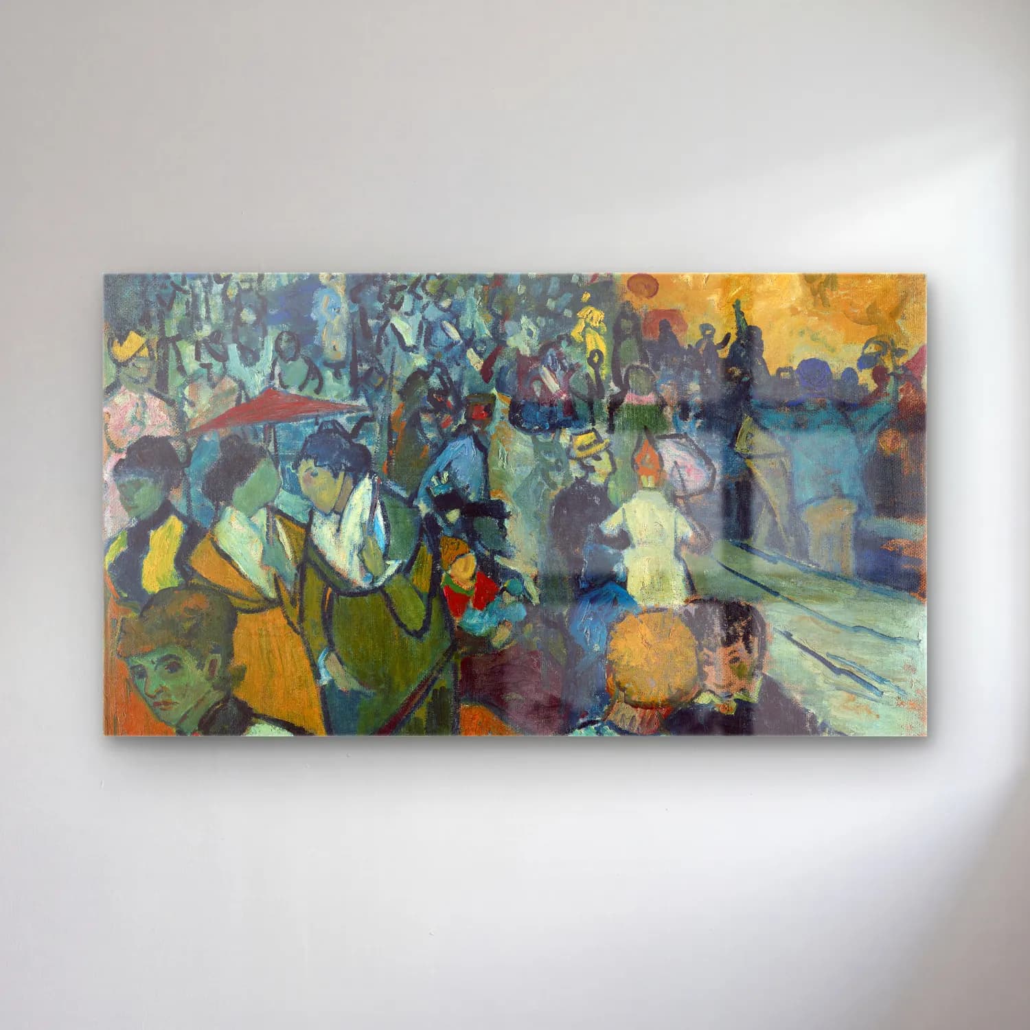 Vincent van Gogh – Les Arènes – Mavi Tonlar cam tablo — Vincent van Gogh – Les Arènes – Mavi Tonlar — empresyonist kalabalık cadde