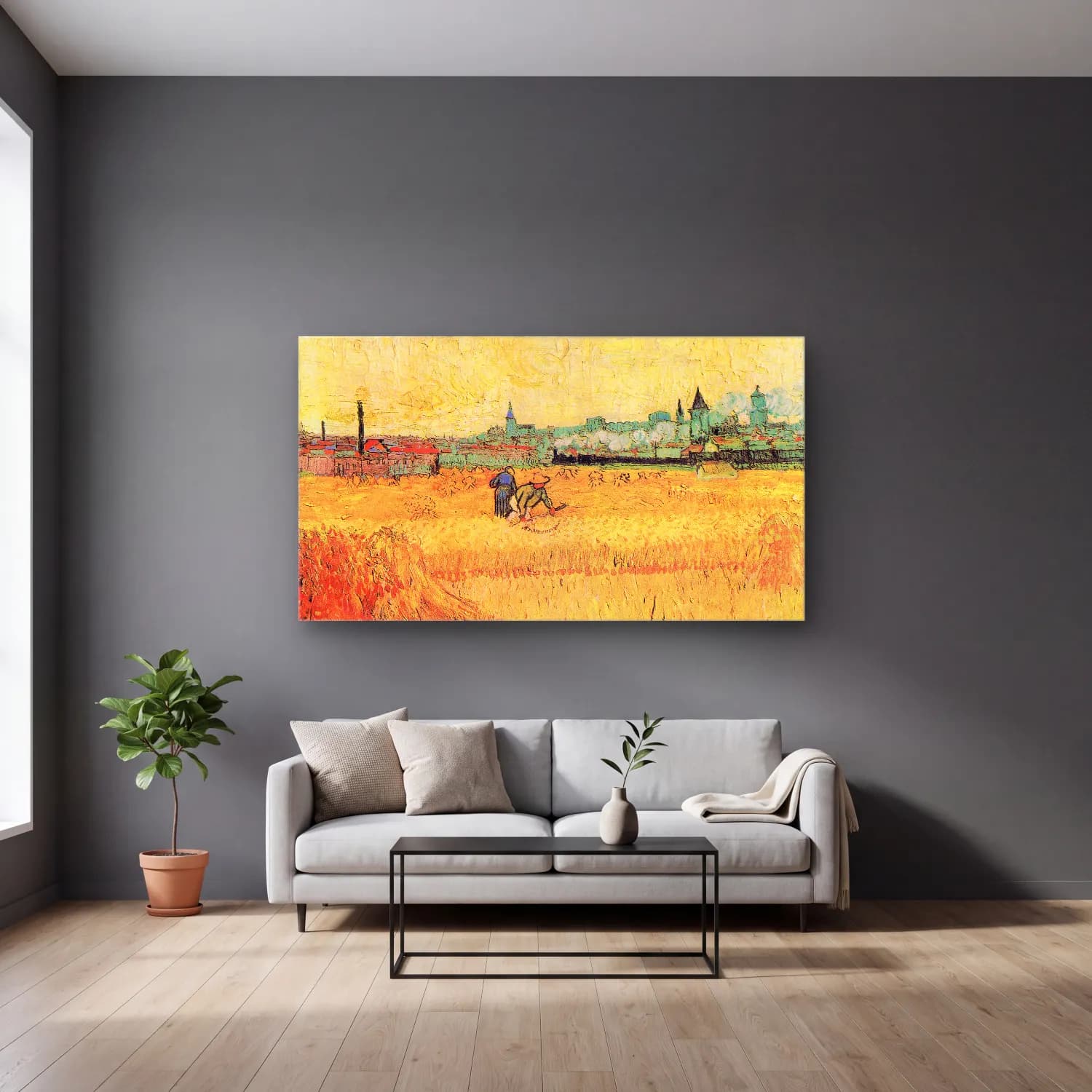 Vincent van Gogh – Les Moissonneurs cam tablo — gri duvarlı salonda