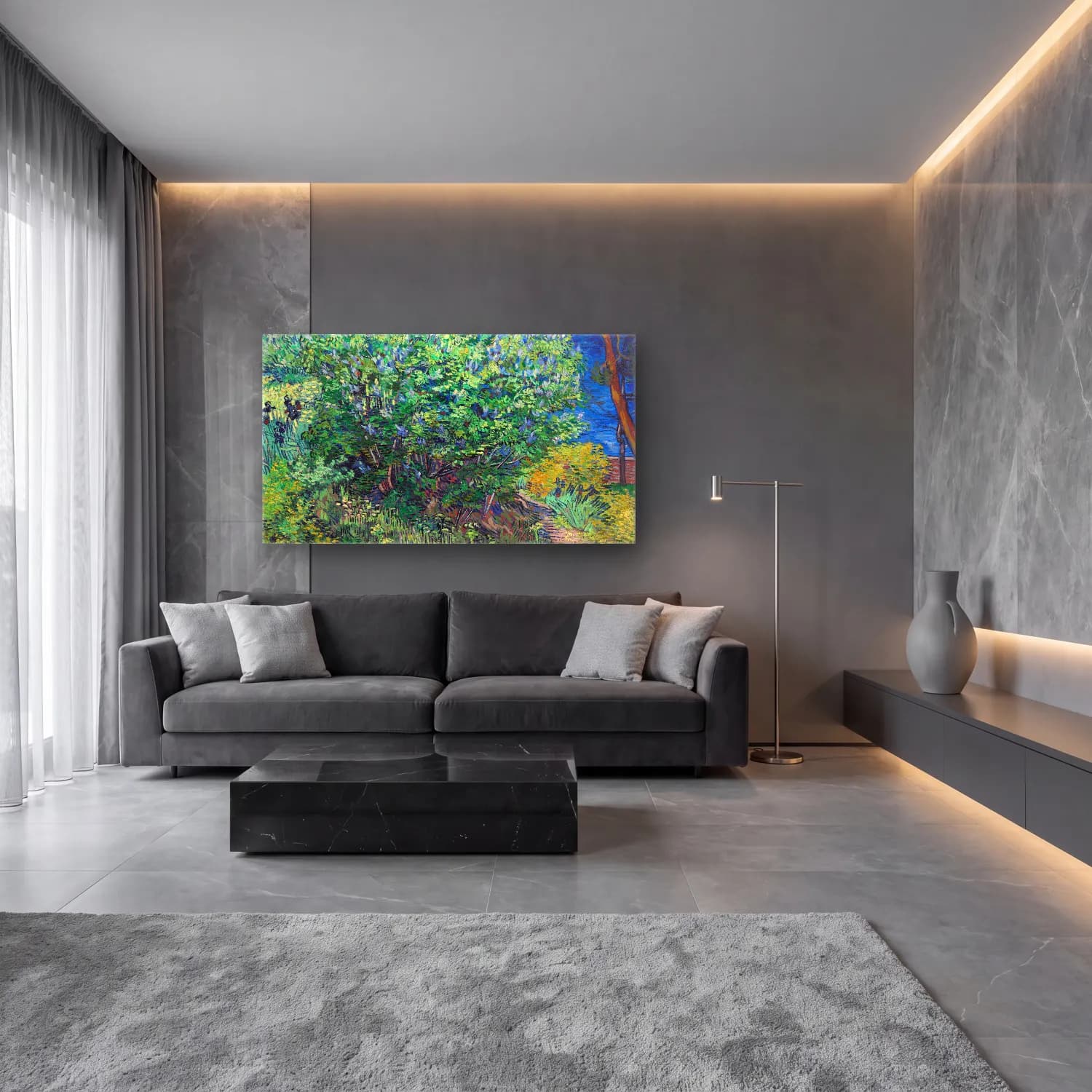 Vincent van Gogh – Lilac Bush – Yeşil Tonlar cam tablo — lüks salon duvarında