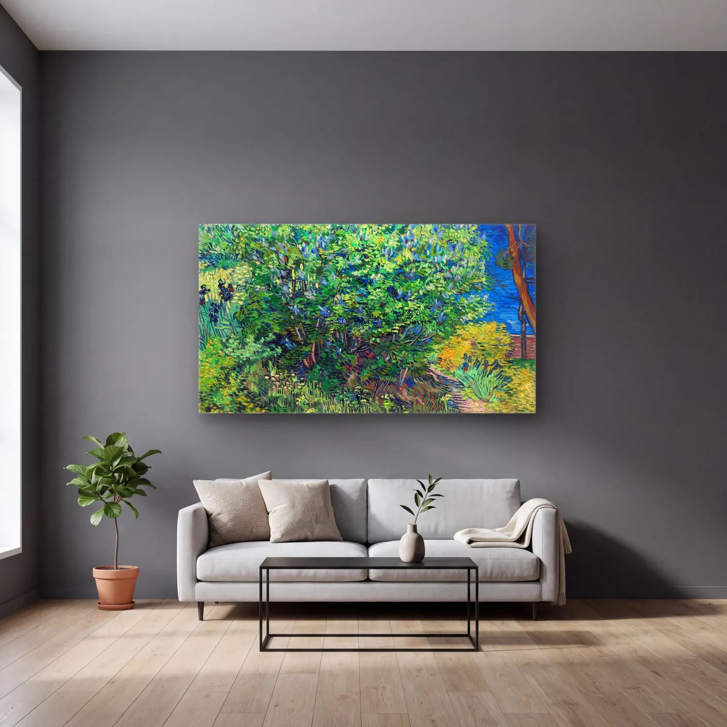 Vincent van Gogh – Lilac Bush – Yeşil Tonlar cam tablo — gri duvarlı salonda