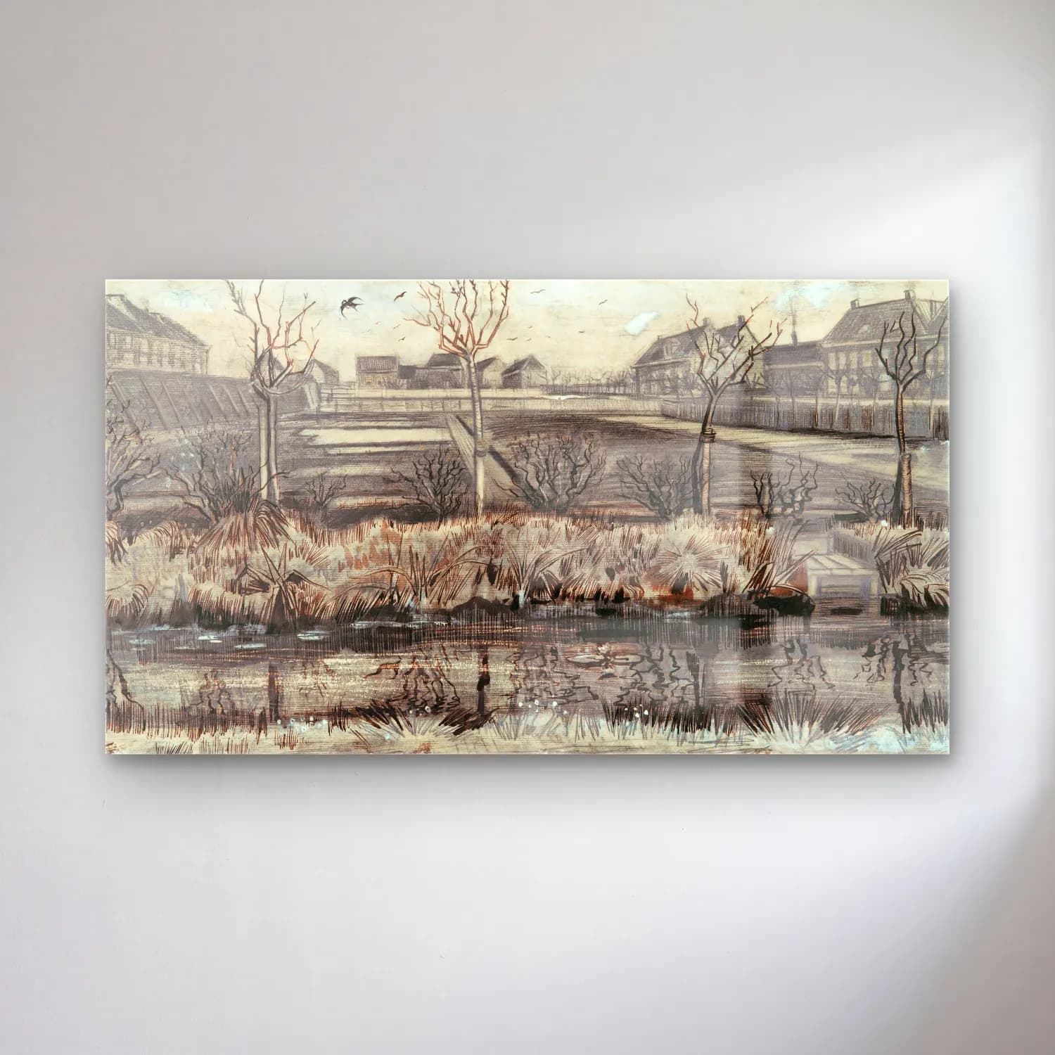 Vincent van Gogh – Nursery on Schenkweg – Siyah Beyaz Tonlar cam tablo — Vincent van Gogh – Nursery on Schenkweg – Siyah Beyaz Tonlar — vintage kırda nehir