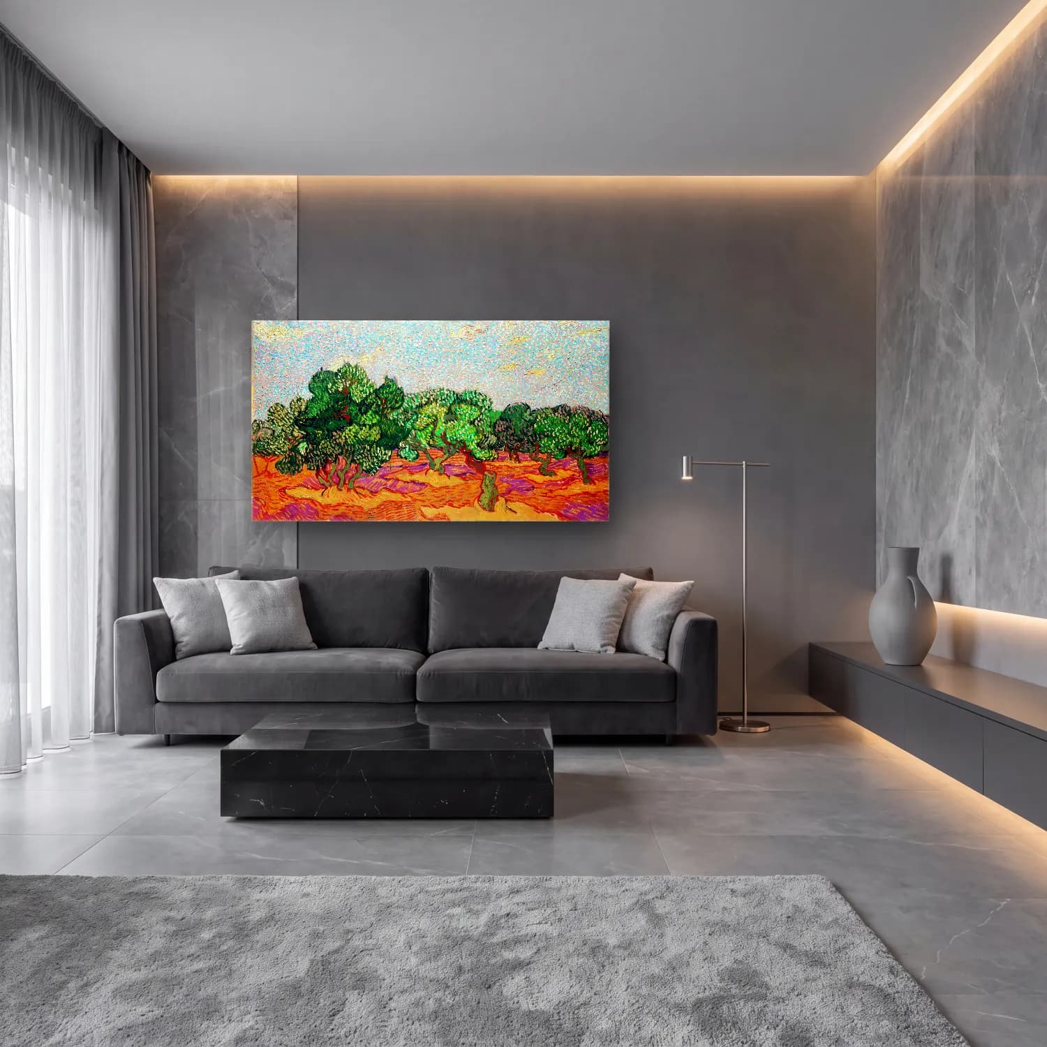 Vincent van Gogh – Olive Trees cam tablo — lüks salon duvarında