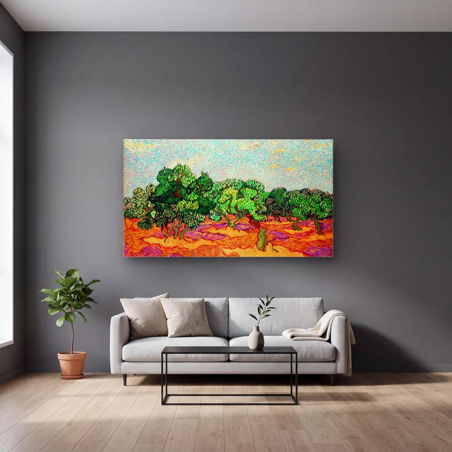 Vincent van Gogh – Olive Trees cam tablo — gri duvarlı salonda