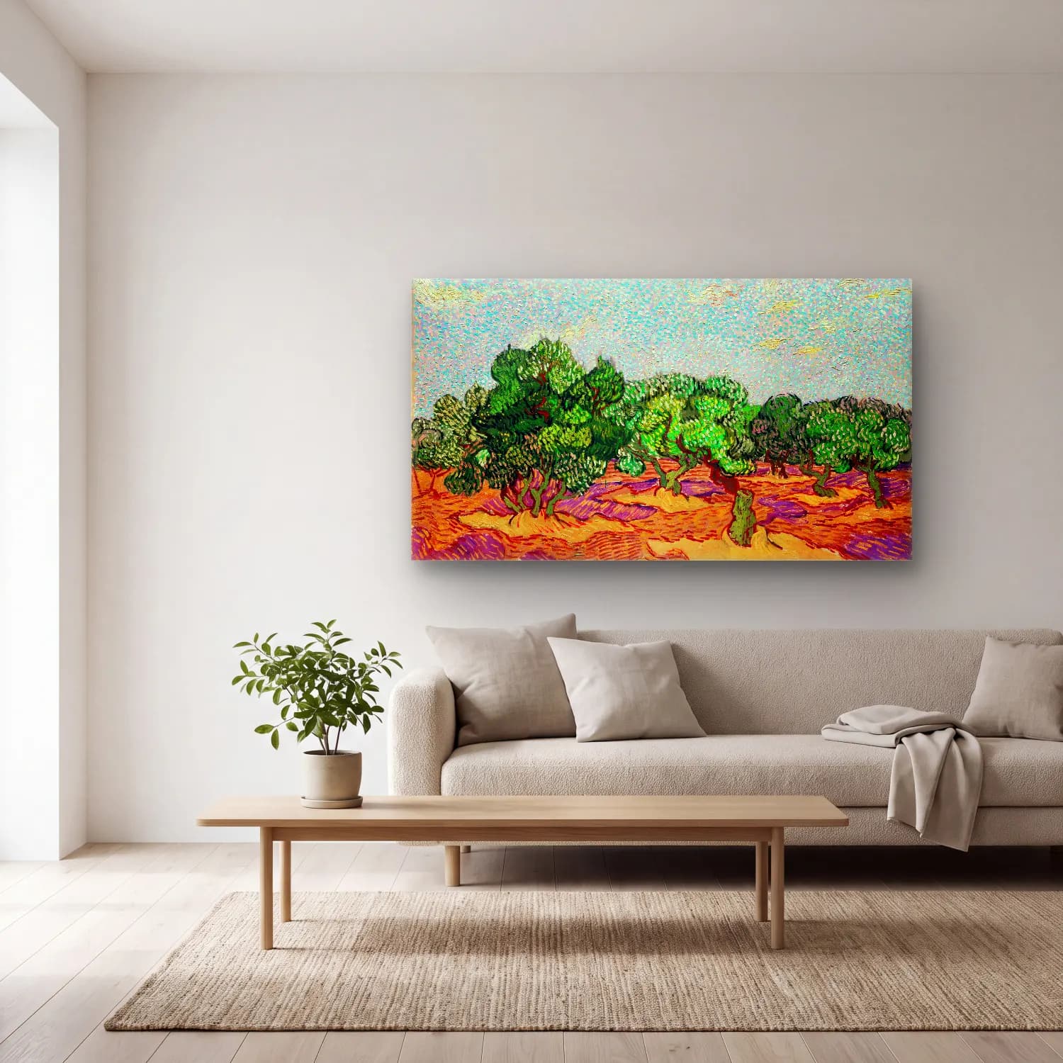 Vincent van Gogh – Olive Trees cam tablo — açık renk salonda