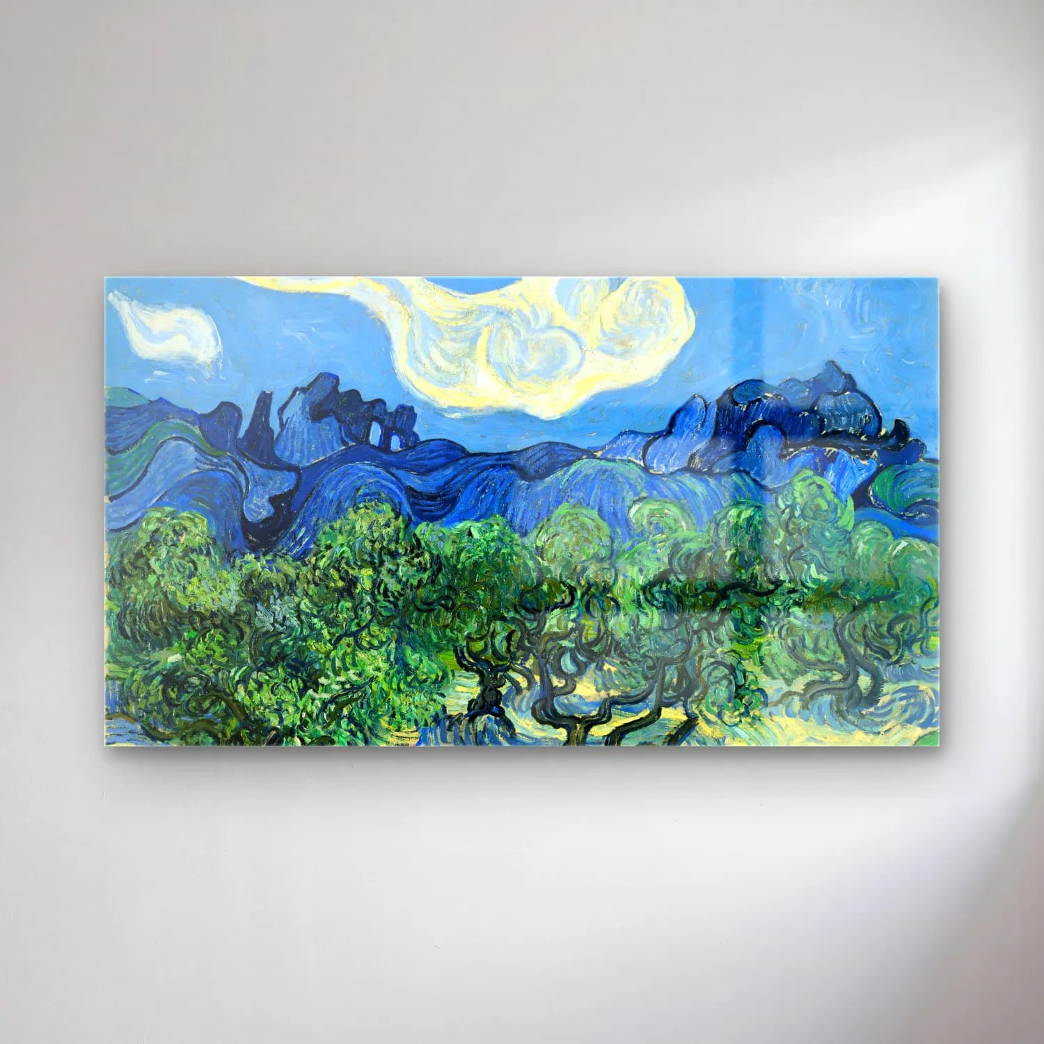 Vincent van Gogh – Olive Trees with the Alpilles in the Background – Mavi Tonlar cam tablo — Vincent van Gogh – Olive Trees with the Alpilles in the Background – Mavi Tonlar — empresyonist dağ manzarası