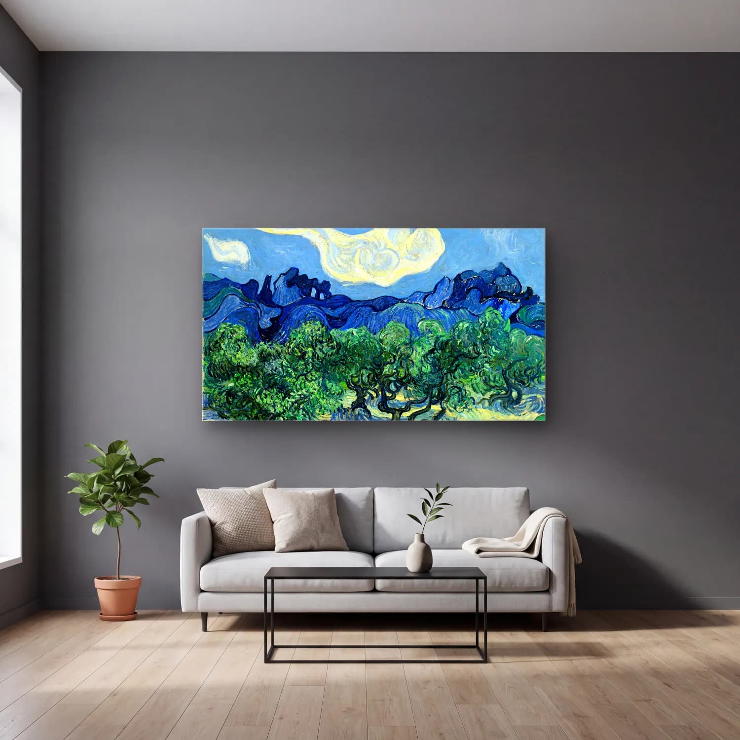 Vincent van Gogh – Olive Trees with the Alpilles in the Background – Mavi Tonlar cam tablo — gri duvarlı salonda