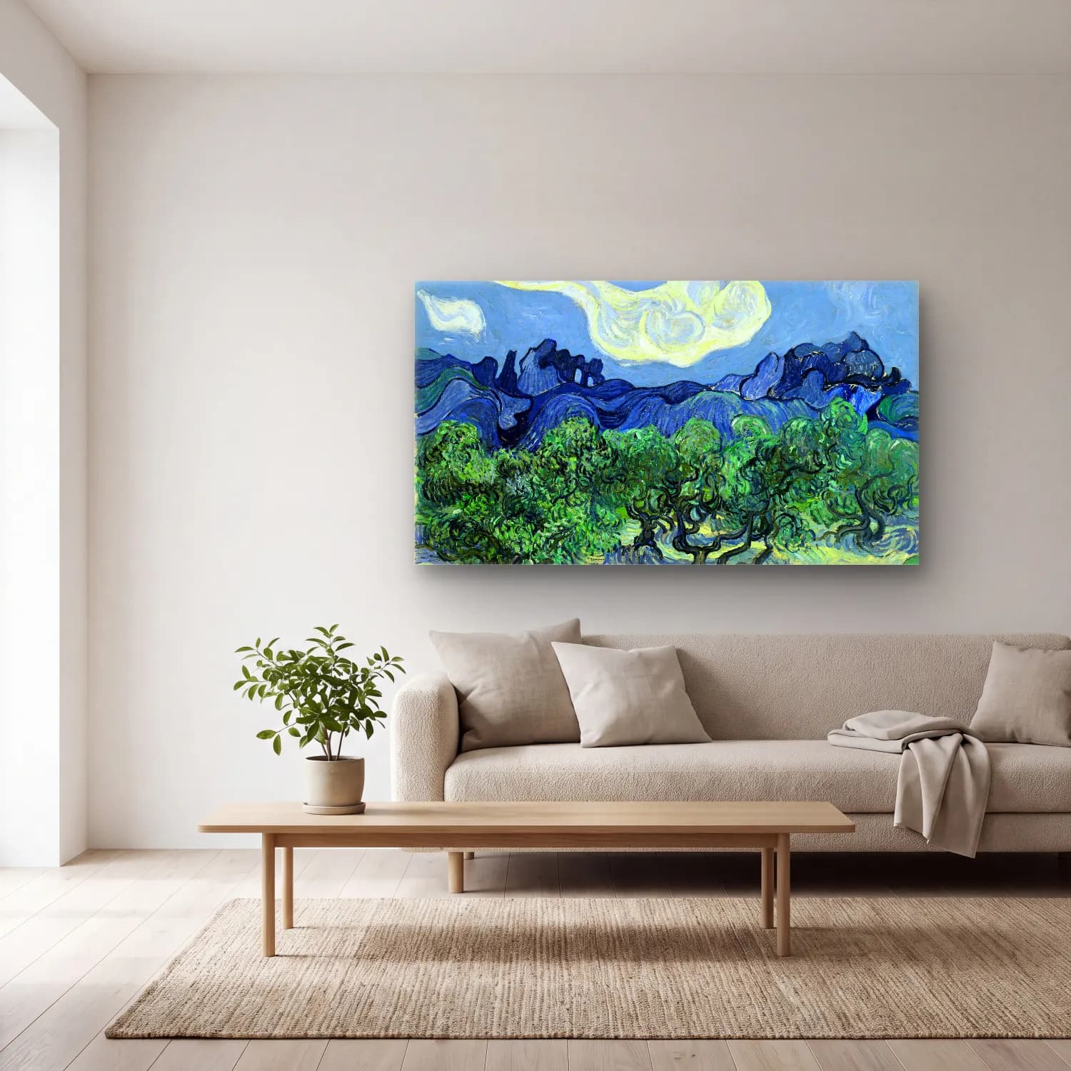 Vincent van Gogh – Olive Trees with the Alpilles in the Background – Mavi Tonlar cam tablo — açık renk salonda