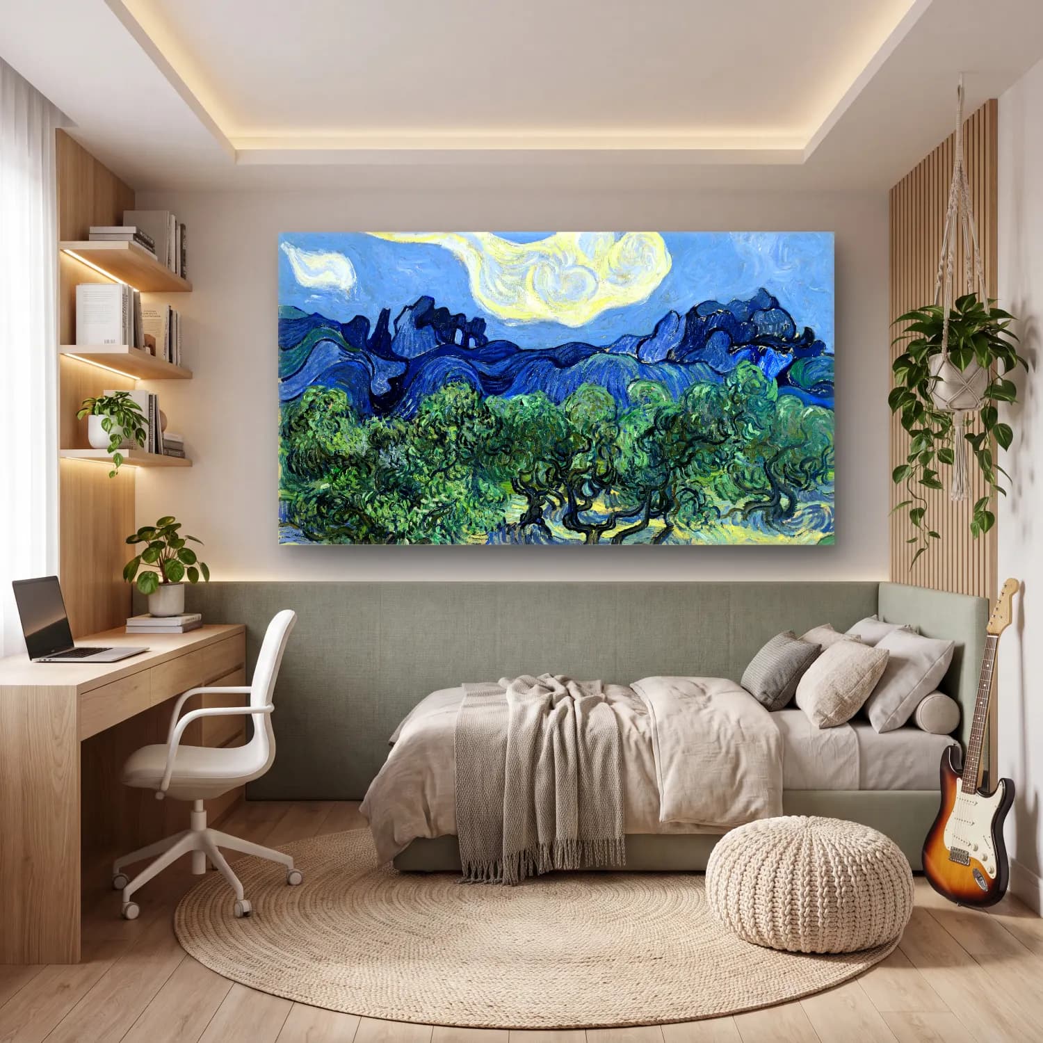Vincent van Gogh – Olive Trees with the Alpilles in the Background – Mavi Tonlar cam tablo — genç odasında