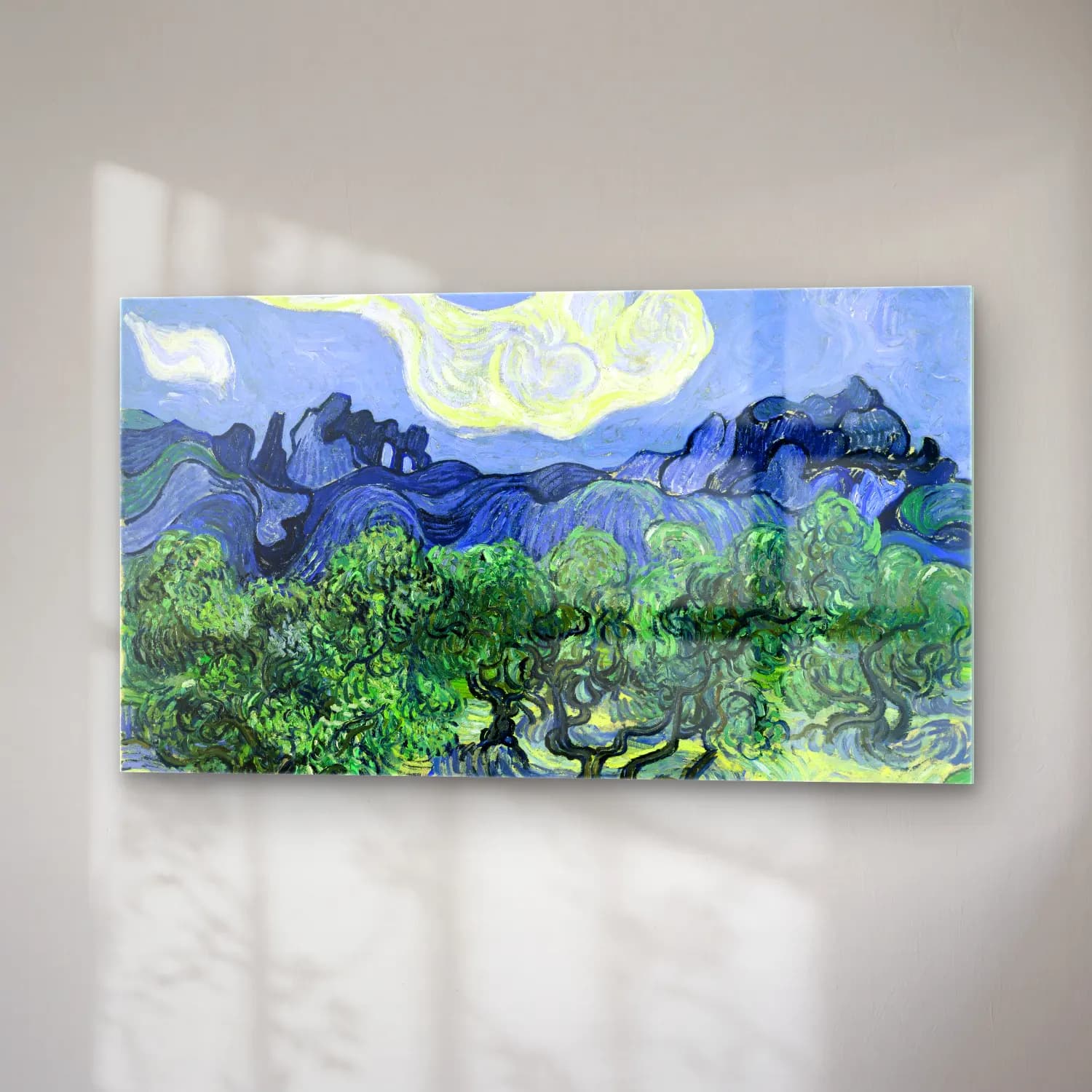 Vincent van Gogh – Olive Trees with the Alpilles in the Background – Mavi Tonlar cam tablo — sağ açıdan görünüm