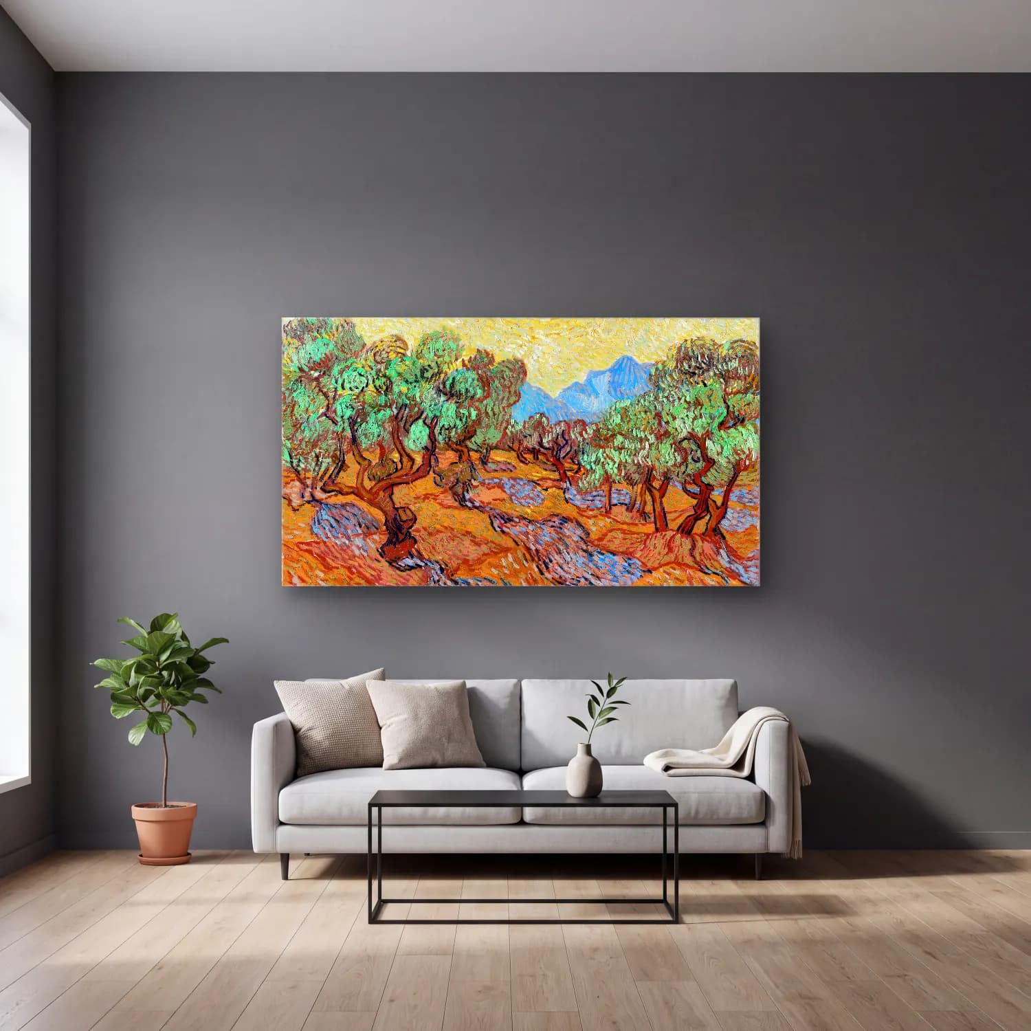 Vincent van Gogh – Olive Trees – Sarı Tonlar cam tablo — gri duvarlı salonda