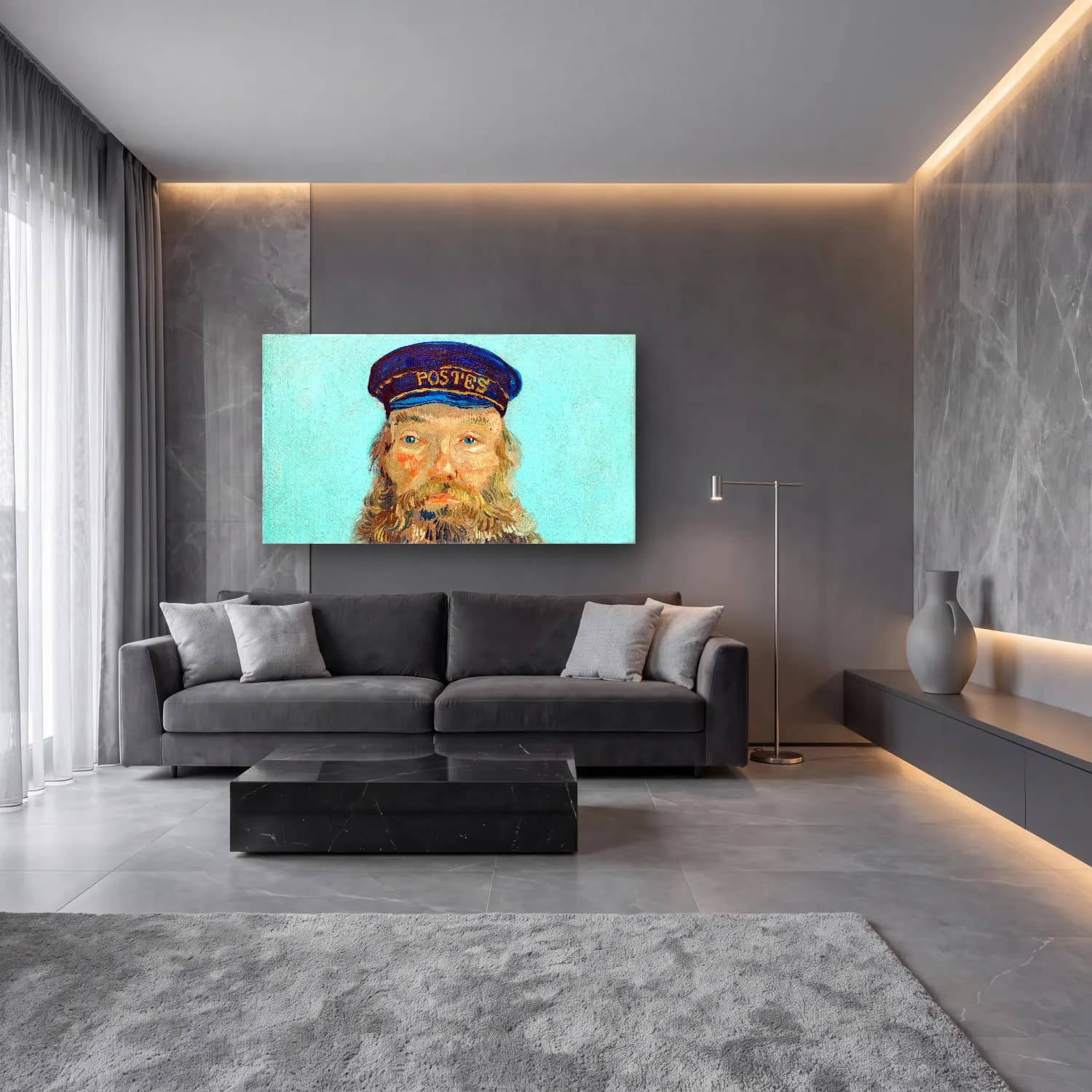 Vincent van Gogh – Portrait of Postman Roulin cam tablo — lüks salon duvarında