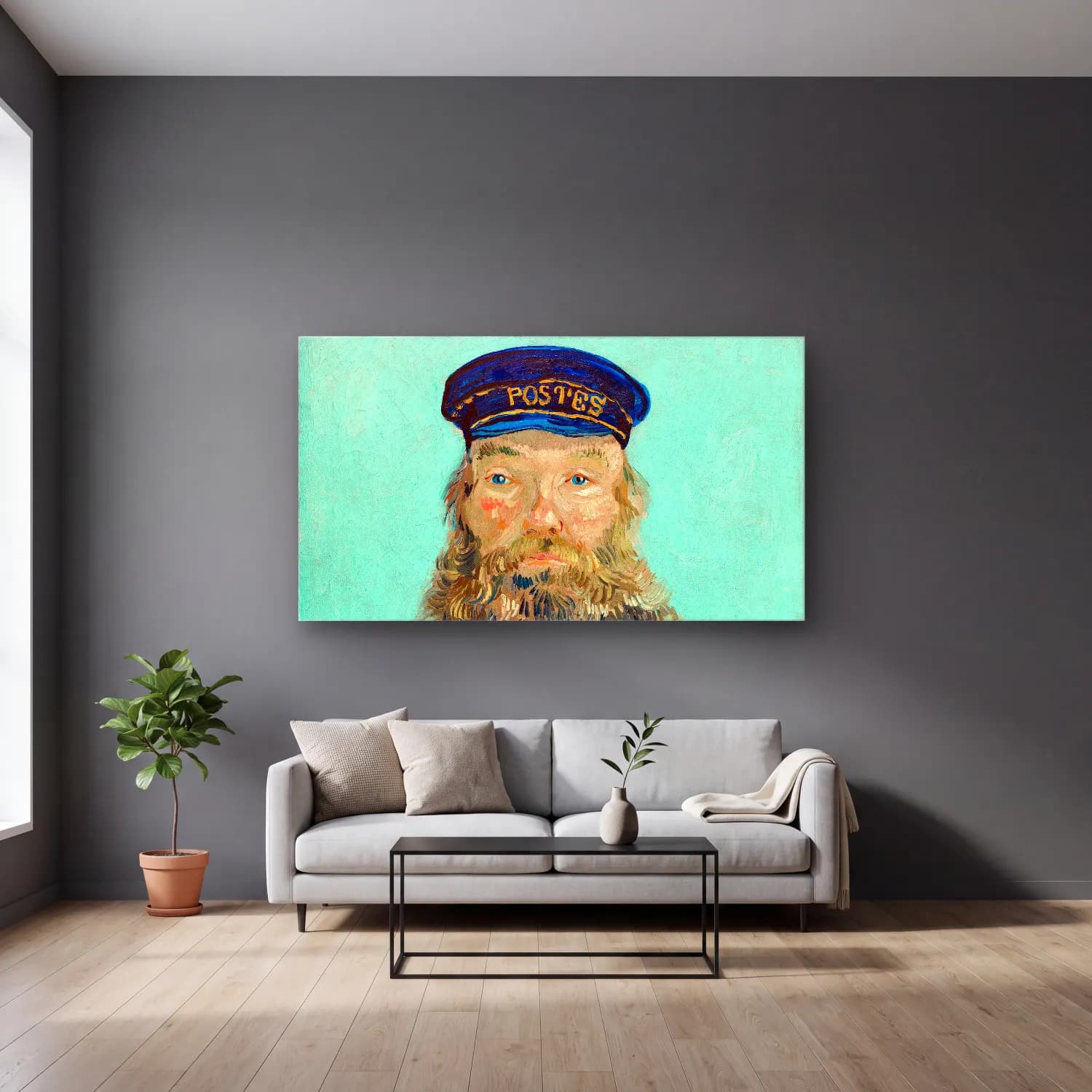 Vincent van Gogh – Portrait of Postman Roulin cam tablo — gri duvarlı salonda