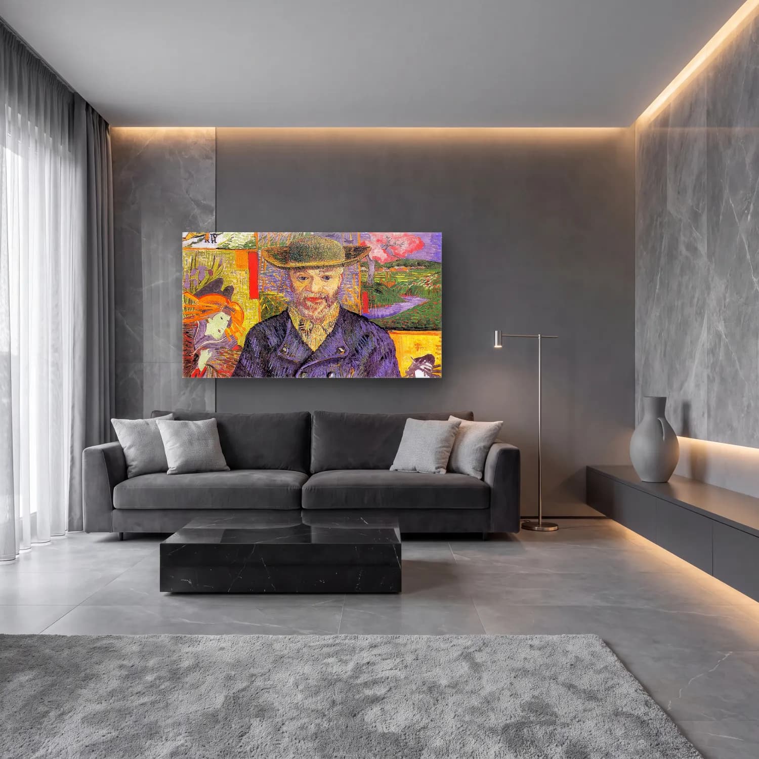 Vincent van Gogh – Portrait of Père Tanguy – Yeşil Tonlar cam tablo — lüks salon duvarında