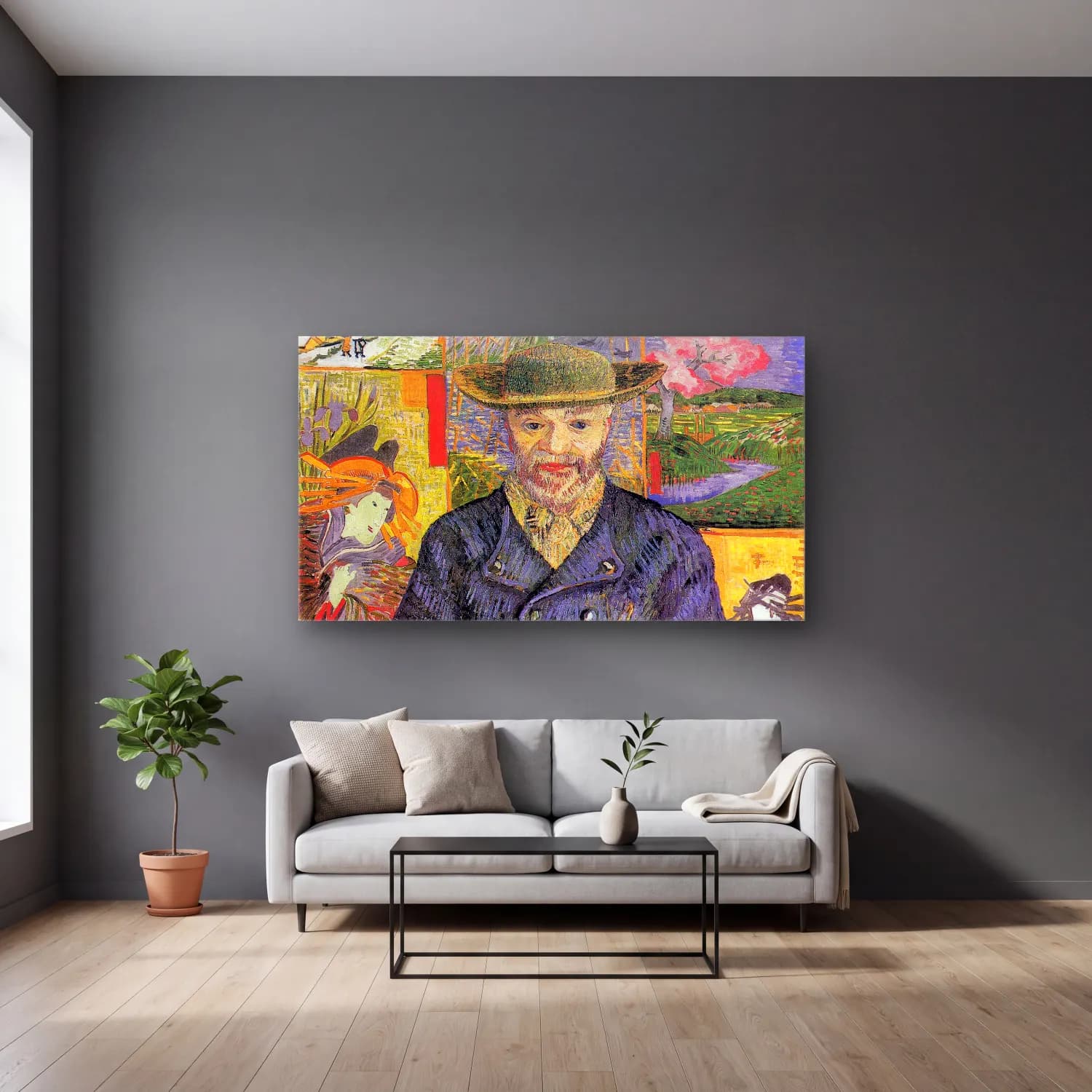 Vincent van Gogh – Portrait of Père Tanguy – Yeşil Tonlar cam tablo — gri duvarlı salonda