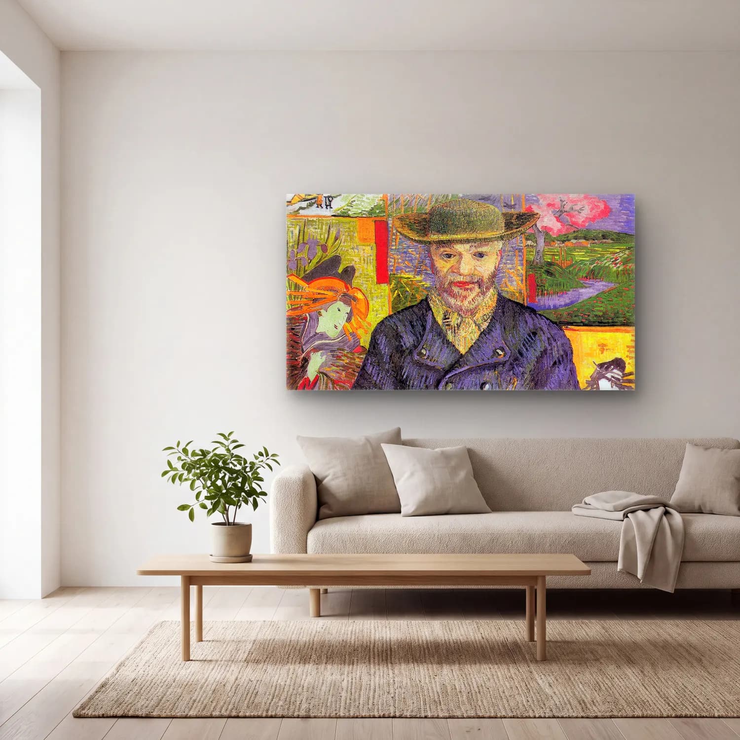 Vincent van Gogh – Portrait of Père Tanguy – Yeşil Tonlar cam tablo — açık renk salonda