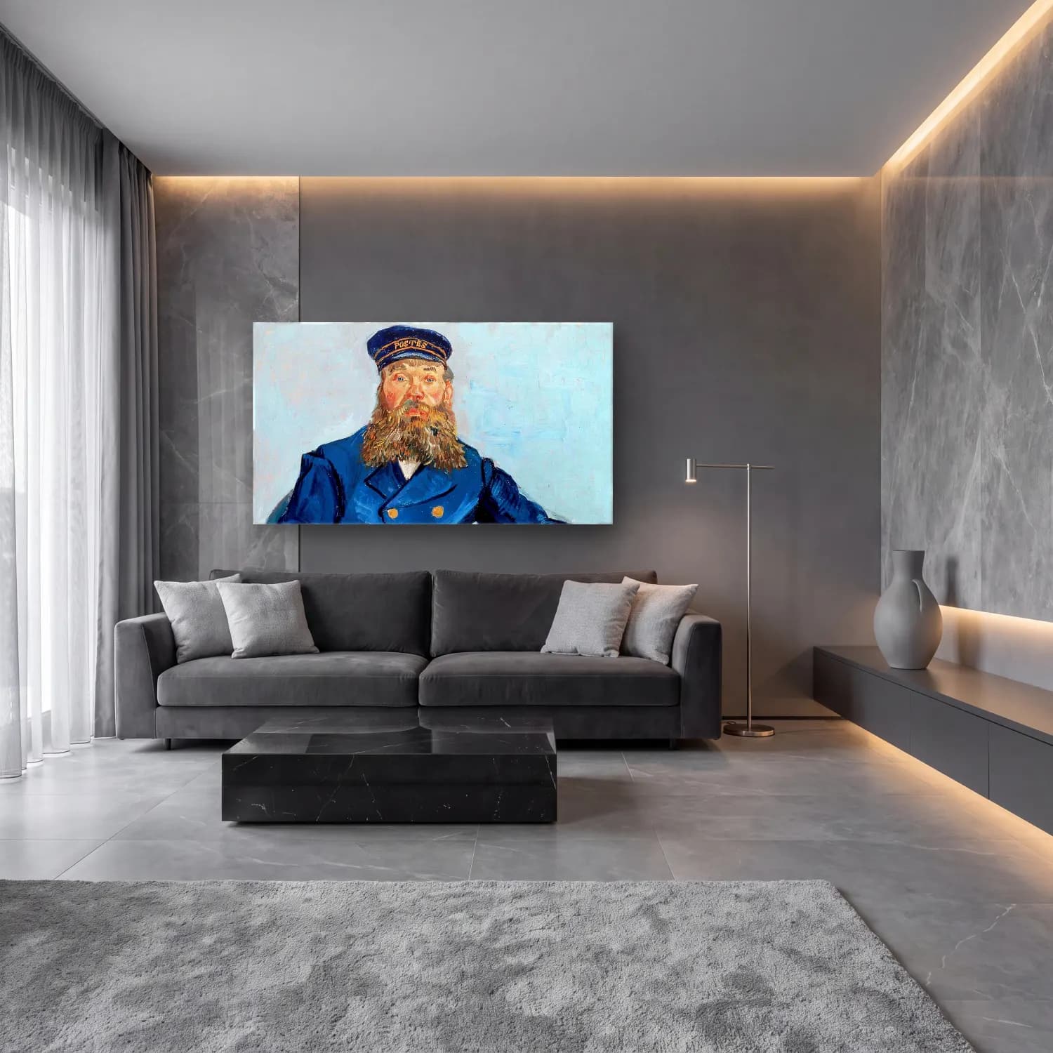 Vincent van Gogh – Portrait of the Postman Joseph Roulin – Mavi Tonlar cam tablo — lüks salon duvarında