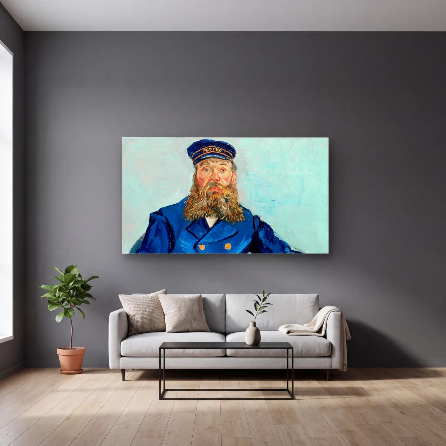 Vincent van Gogh – Portrait of the Postman Joseph Roulin – Mavi Tonlar cam tablo — gri duvarlı salonda