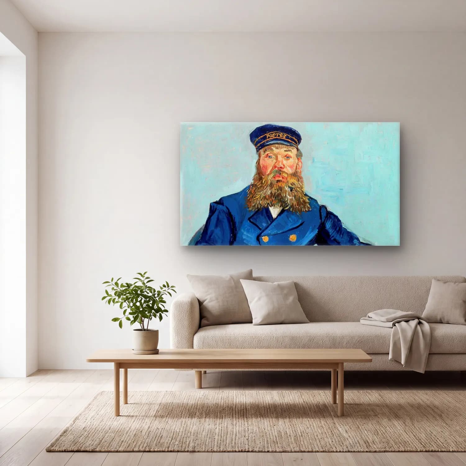 Vincent van Gogh – Portrait of the Postman Joseph Roulin – Mavi Tonlar cam tablo — açık renk salonda