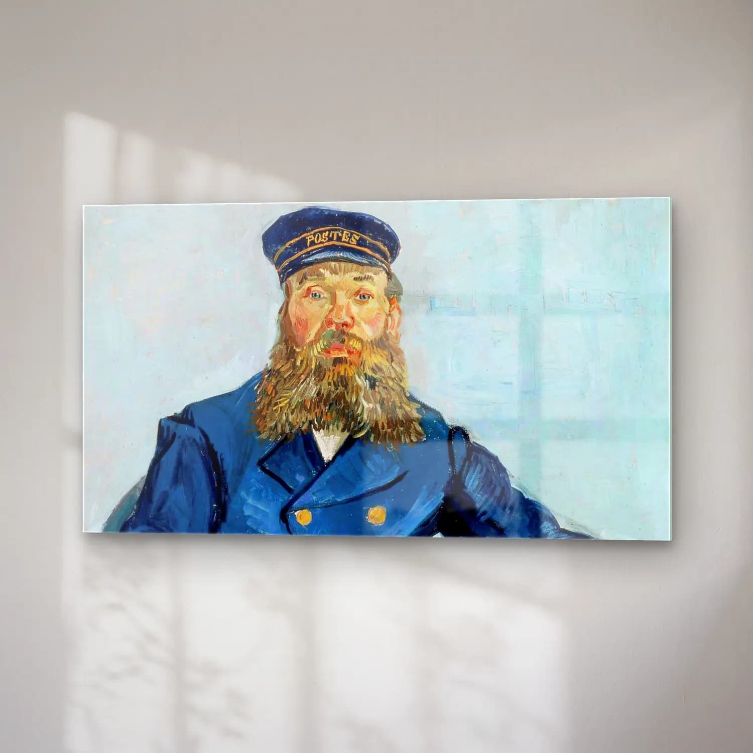 Vincent van Gogh – Portrait of the Postman Joseph Roulin – Mavi Tonlar cam tablo — sağ açıdan görünüm