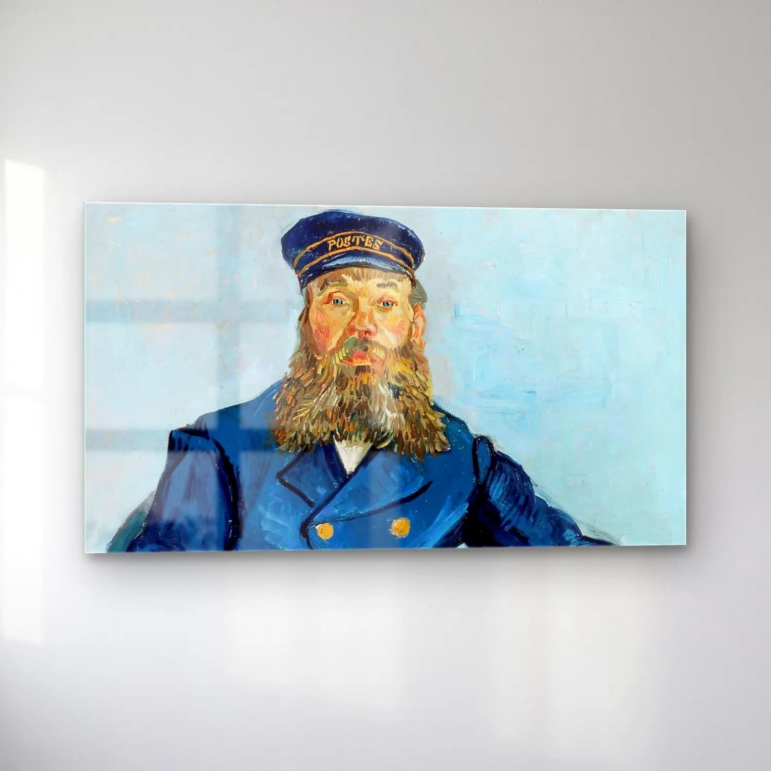 Vincent van Gogh – Portrait of the Postman Joseph Roulin – Mavi Tonlar cam tablo — sol açıdan görünüm