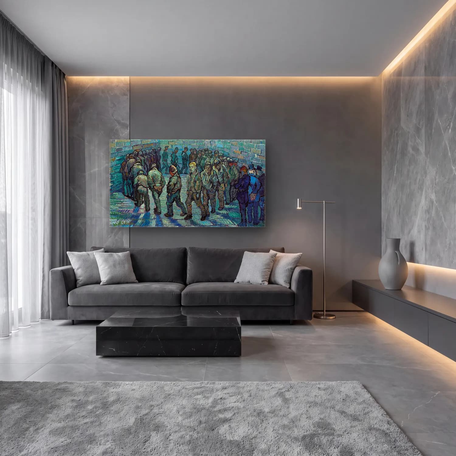 Vincent van Gogh – Prisoners Exercising – Turkuaz Tonlar cam tablo — lüks salon duvarında