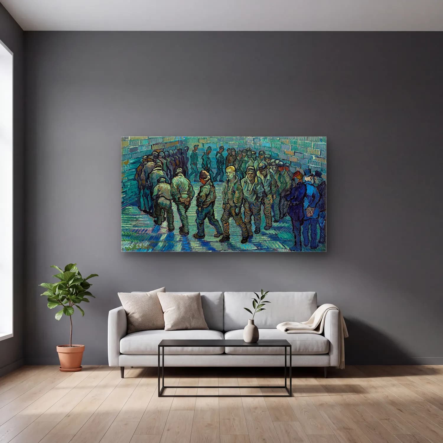 Vincent van Gogh – Prisoners Exercising – Turkuaz Tonlar cam tablo — gri duvarlı salonda
