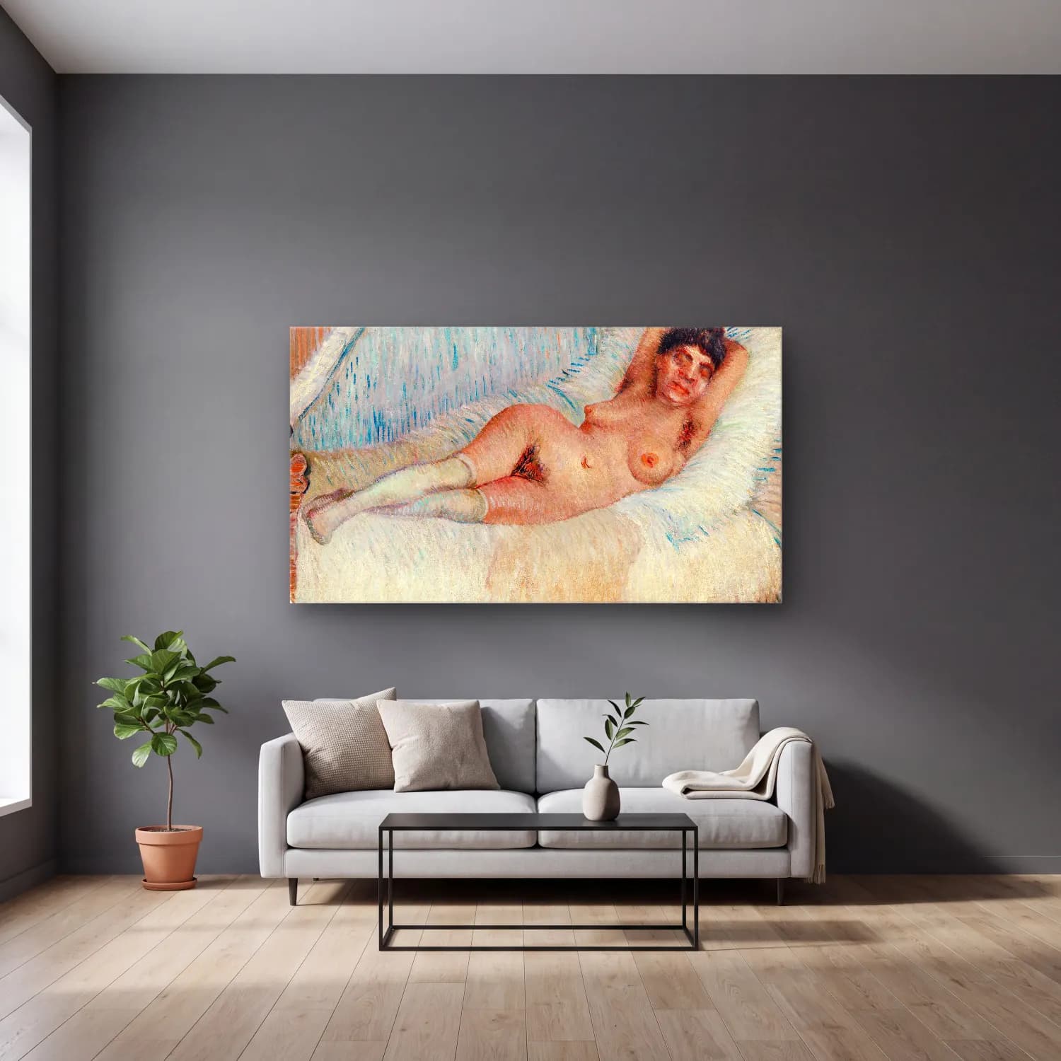 Vincent van Gogh – Reclining Nude cam tablo — gri duvarlı salonda