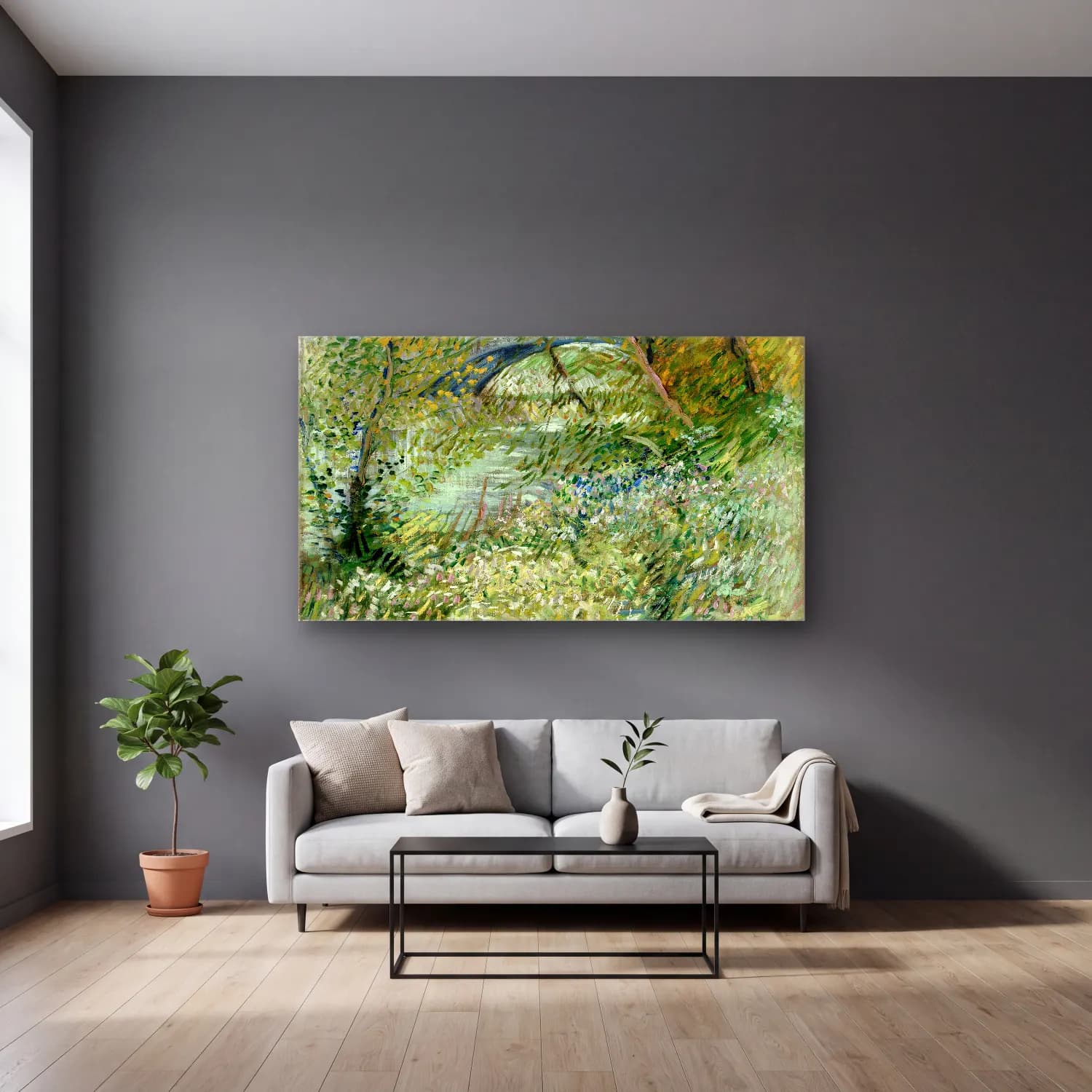 Vincent van Gogh – River Bank in Springtime cam tablo — gri duvarlı salonda