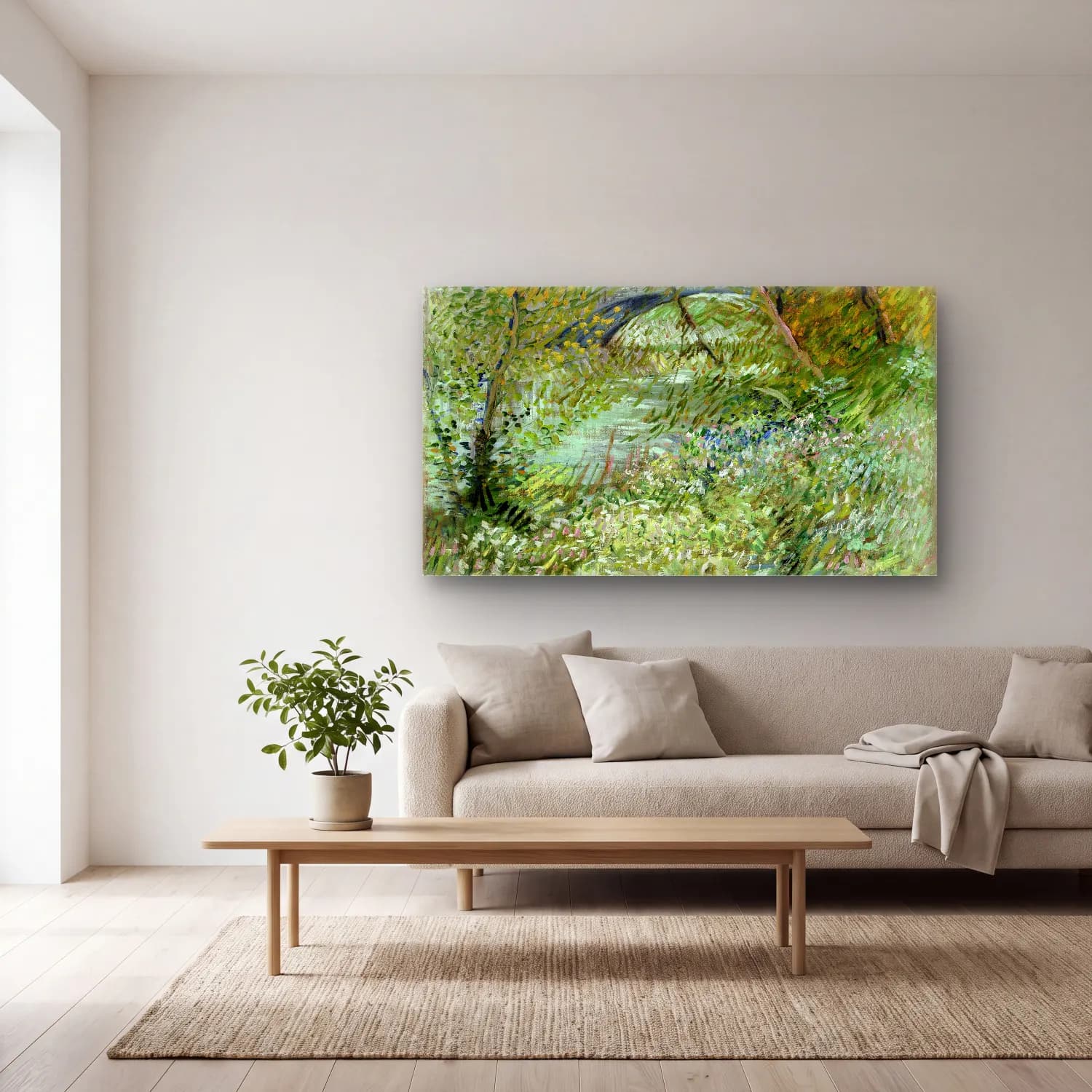 Vincent van Gogh – River Bank in Springtime cam tablo — açık renk salonda