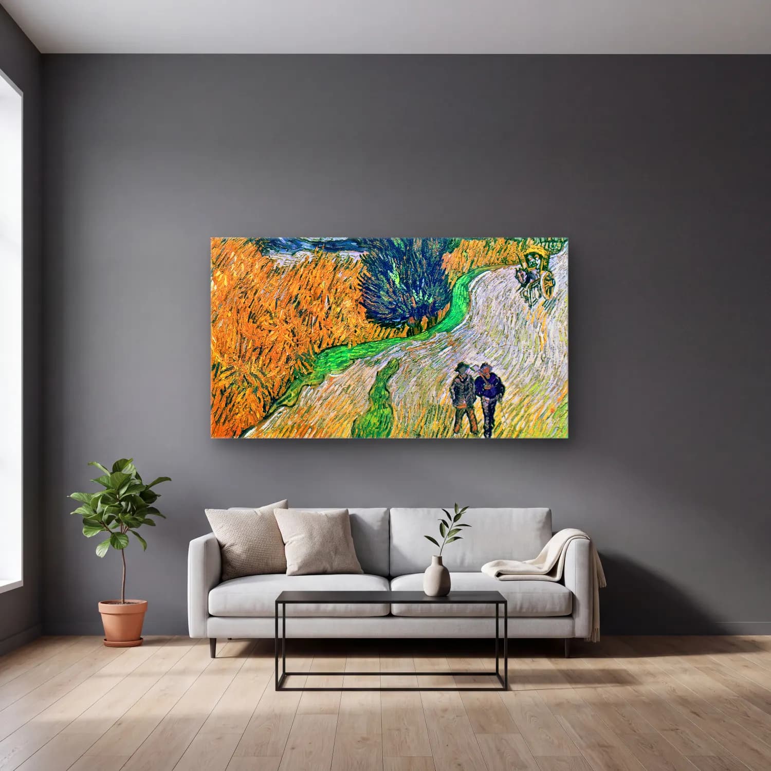 Vincent van Gogh – Road with Cypress and Star cam tablo — gri duvarlı salonda