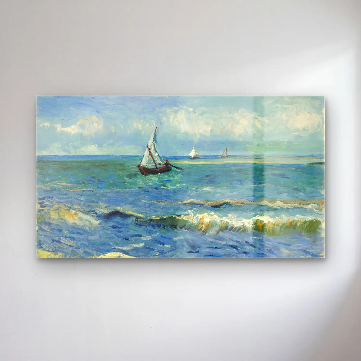 Vincent van Gogh – Seascape near Les Saintes-Maries-de-la-Me cam tablo — Vincent van Gogh – Seascape near Les Saintes-Maries-de-la-Me — empresyonist yelkenliler
