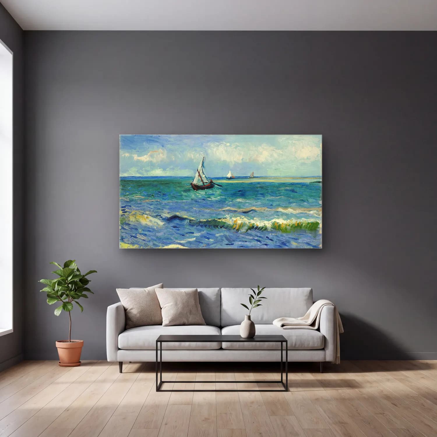Vincent van Gogh – Seascape near Les Saintes-Maries-de-la-Me cam tablo — gri duvarlı salonda
