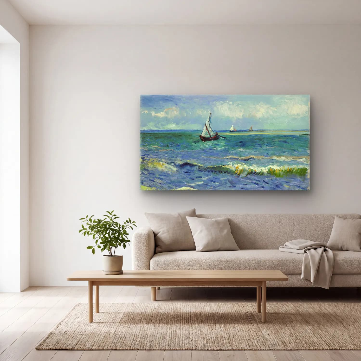 Vincent van Gogh – Seascape near Les Saintes-Maries-de-la-Me cam tablo — açık renk salonda