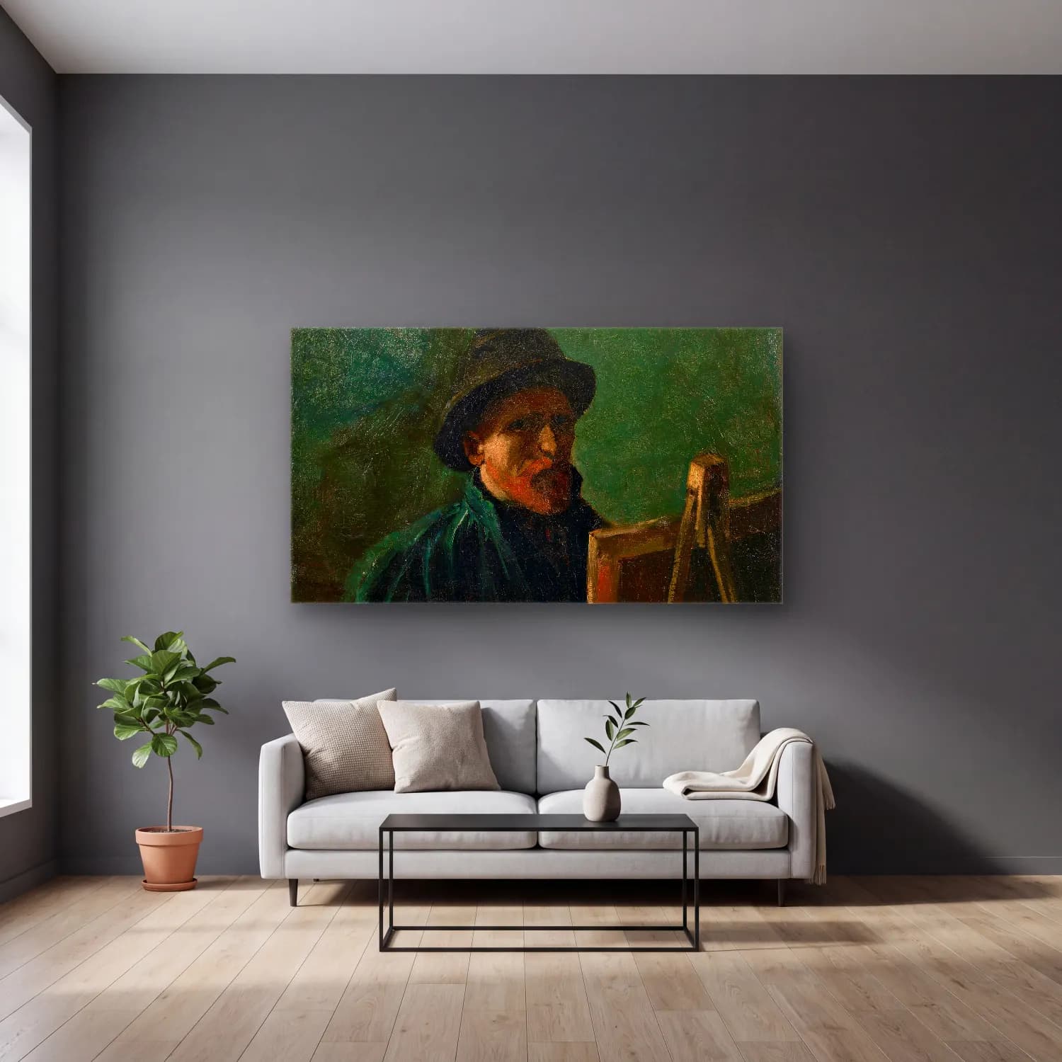 Vincent van Gogh – Self-Portrait with Dark Felt Hat at the Easel cam tablo — gri duvarlı salonda