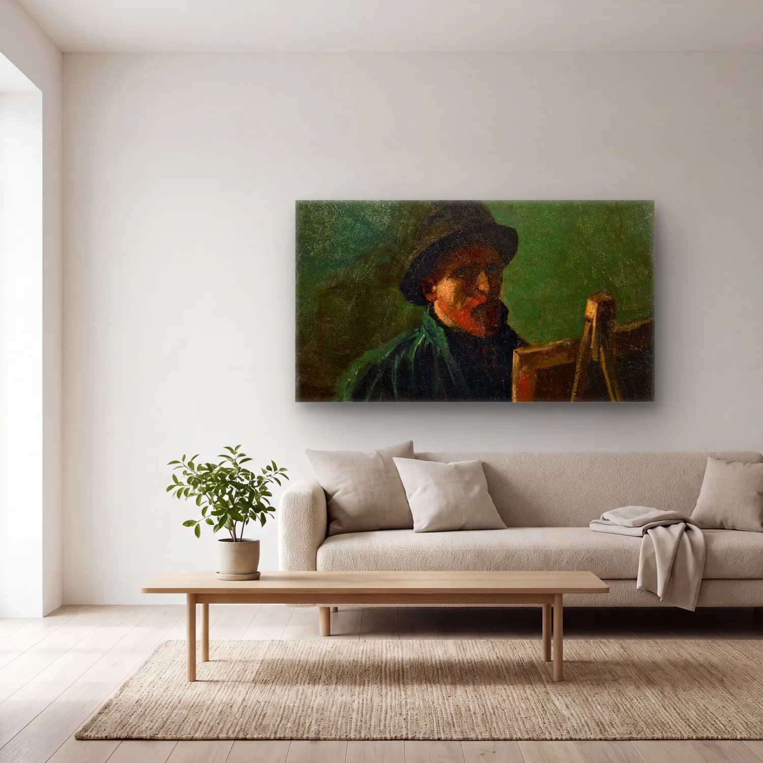 Vincent van Gogh – Self-Portrait with Dark Felt Hat at the Easel cam tablo — açık renk salonda