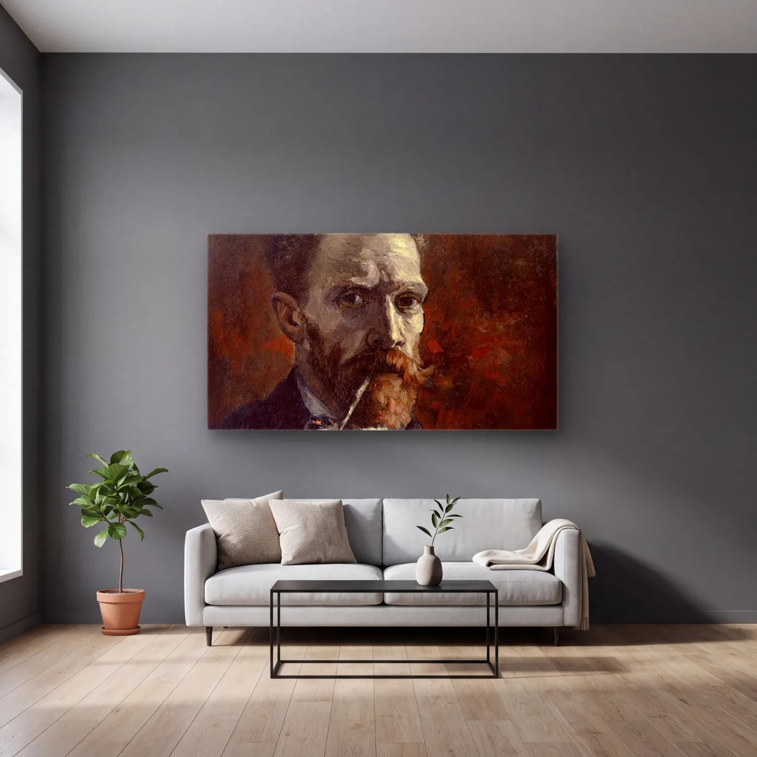 Vincent van Gogh – Self-Portrait with Pipe cam tablo — gri duvarlı salonda