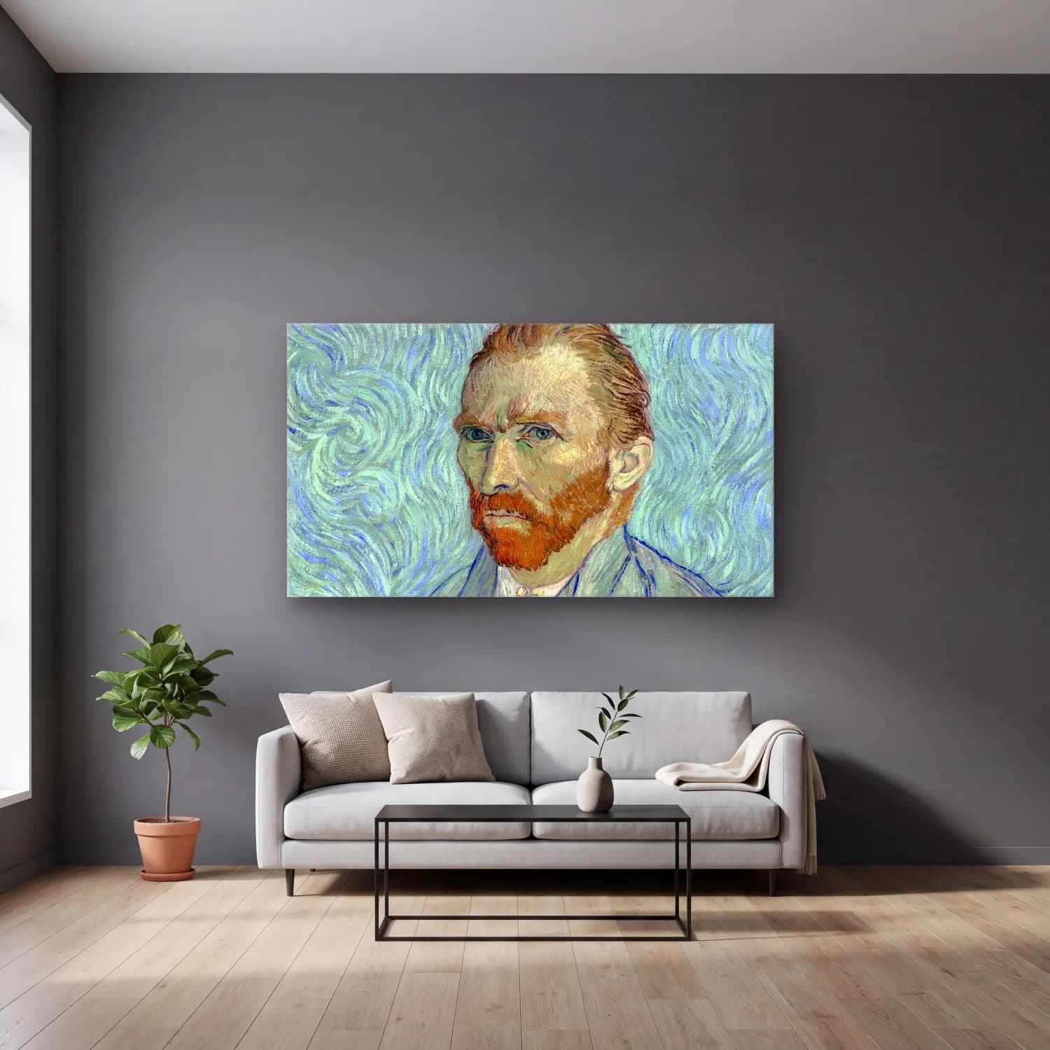 Vincent van Gogh – Self-portrait cam tablo — gri duvarlı salonda